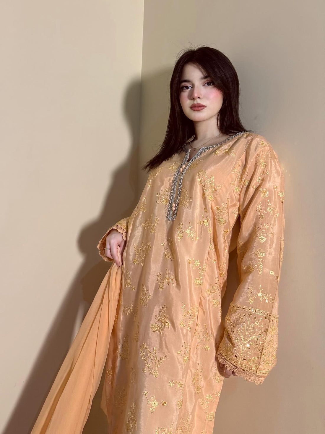 3 Piece - Sunset Peach Embroidered Dress