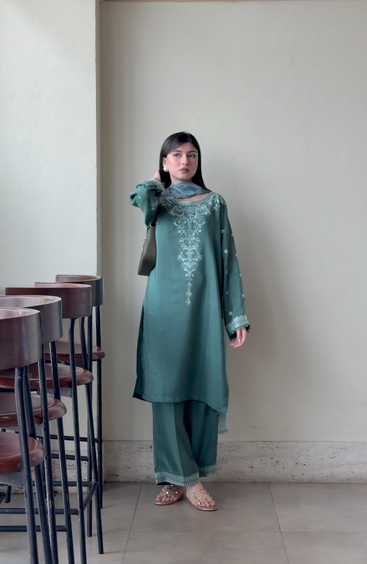 3 Piece - Pine Green Embroidered Dress