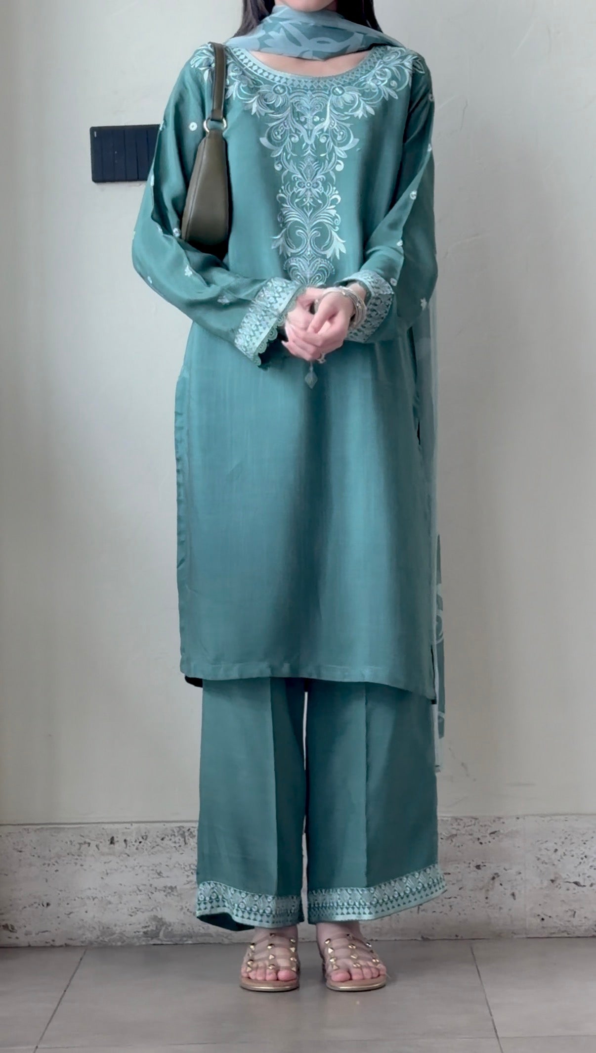 3 Piece - Pine Green Embroidered Dress