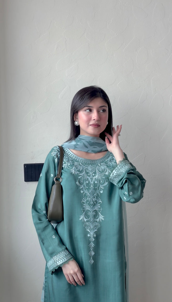 3 Piece - Pine Green Embroidered Dress