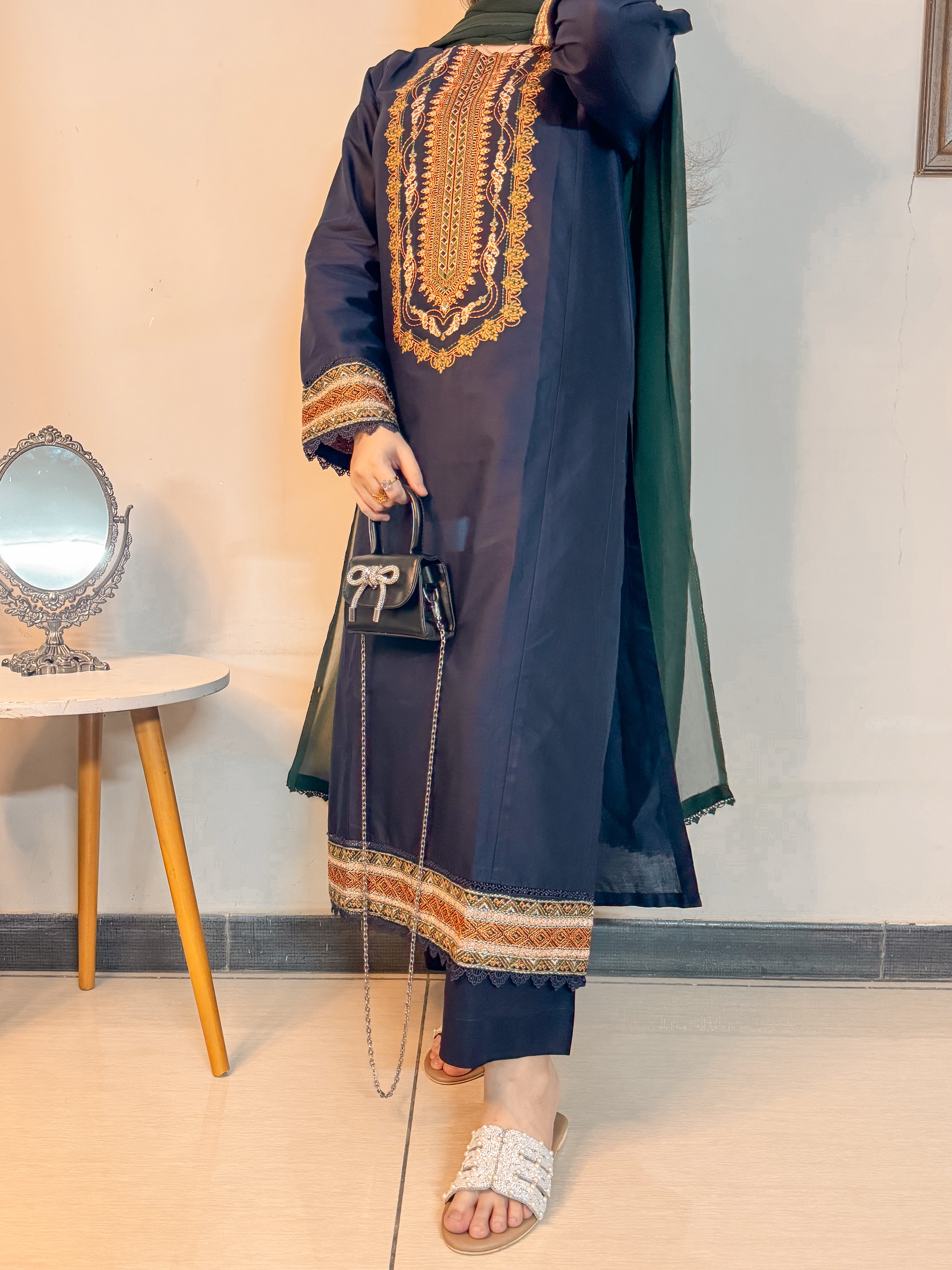 3 Piece -Royal Blue Embroidered Dress