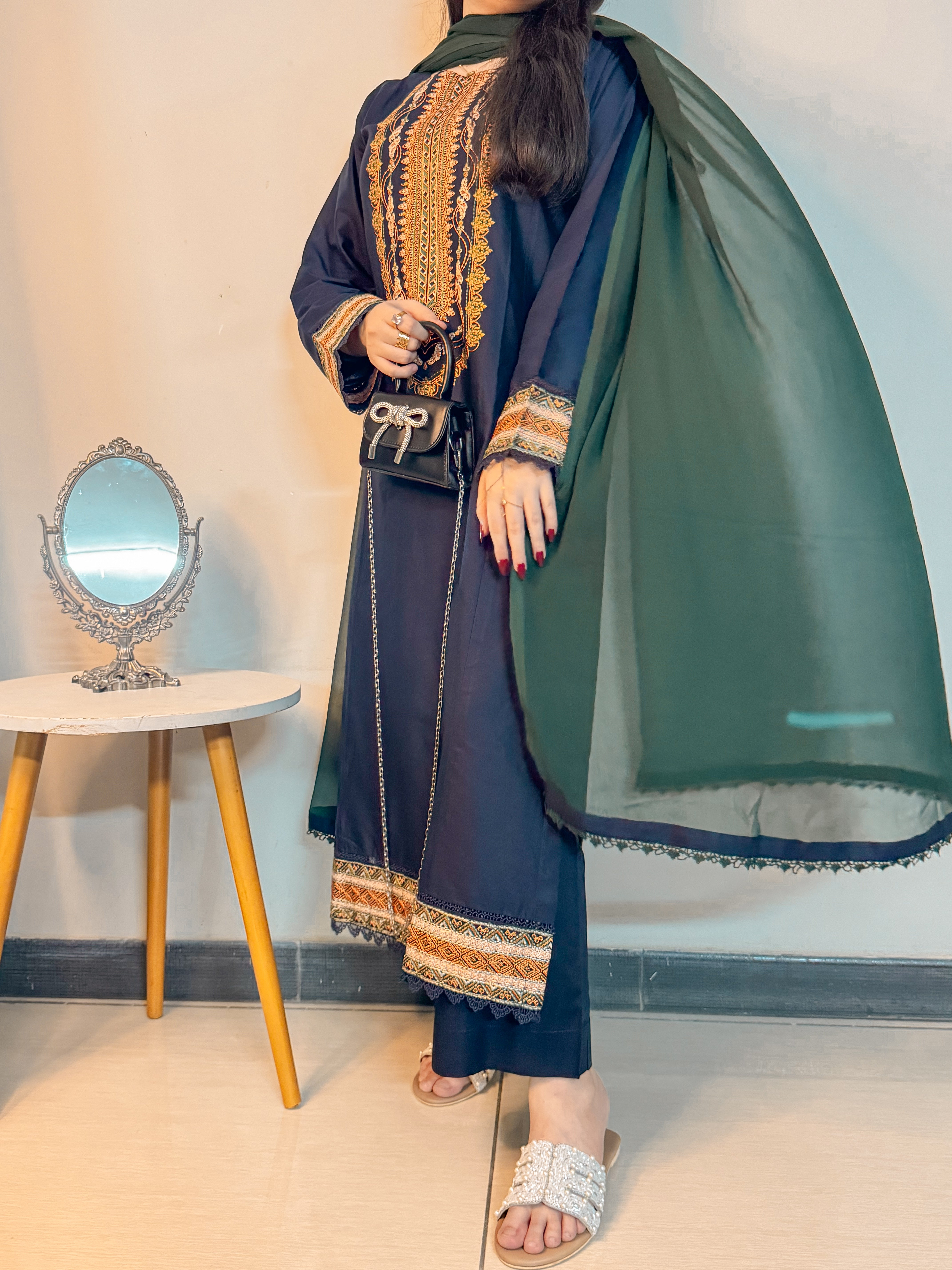 3 Piece -Royal Blue Embroidered Dress