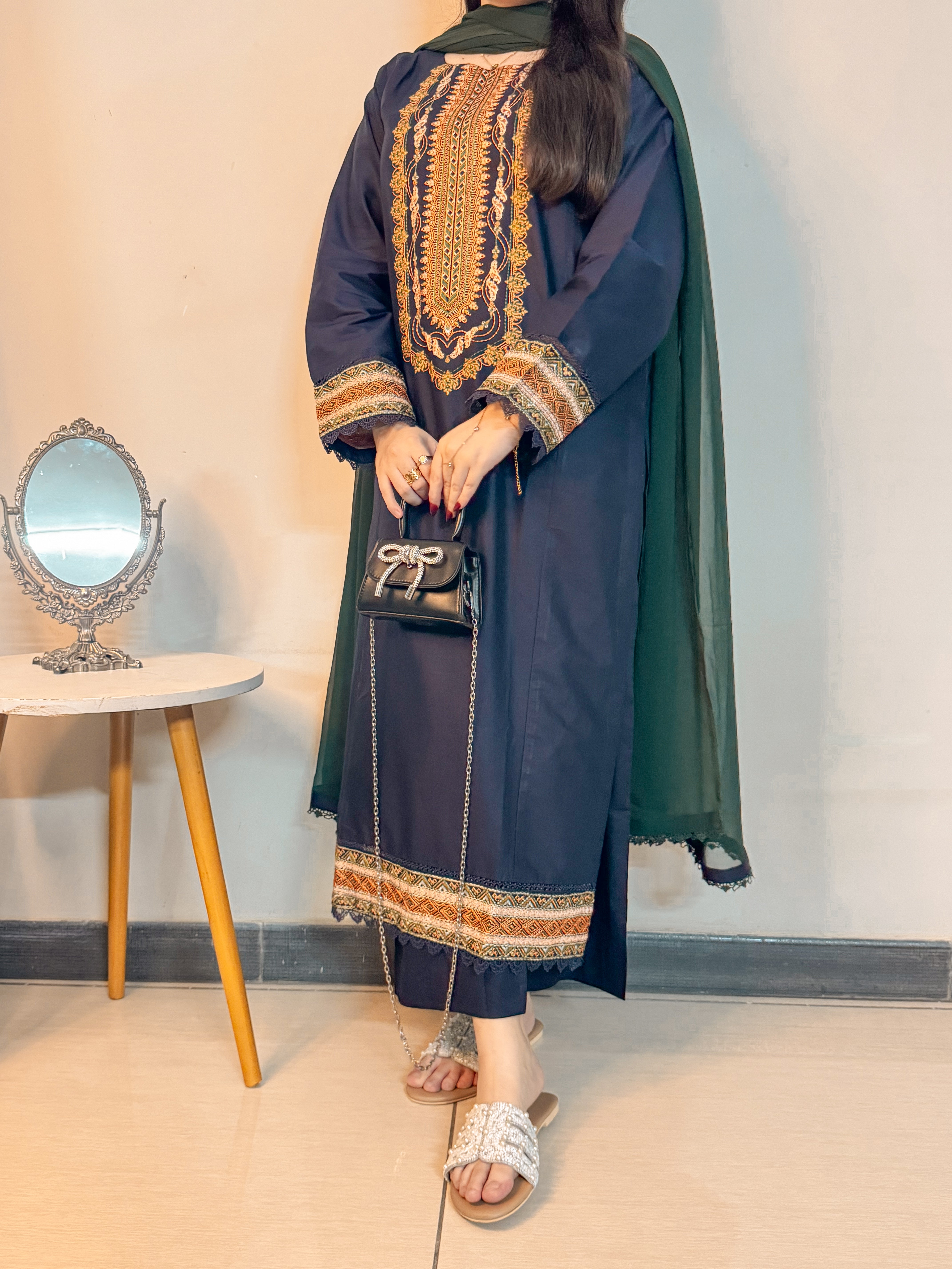 3 Piece -Royal Blue Embroidered Dress