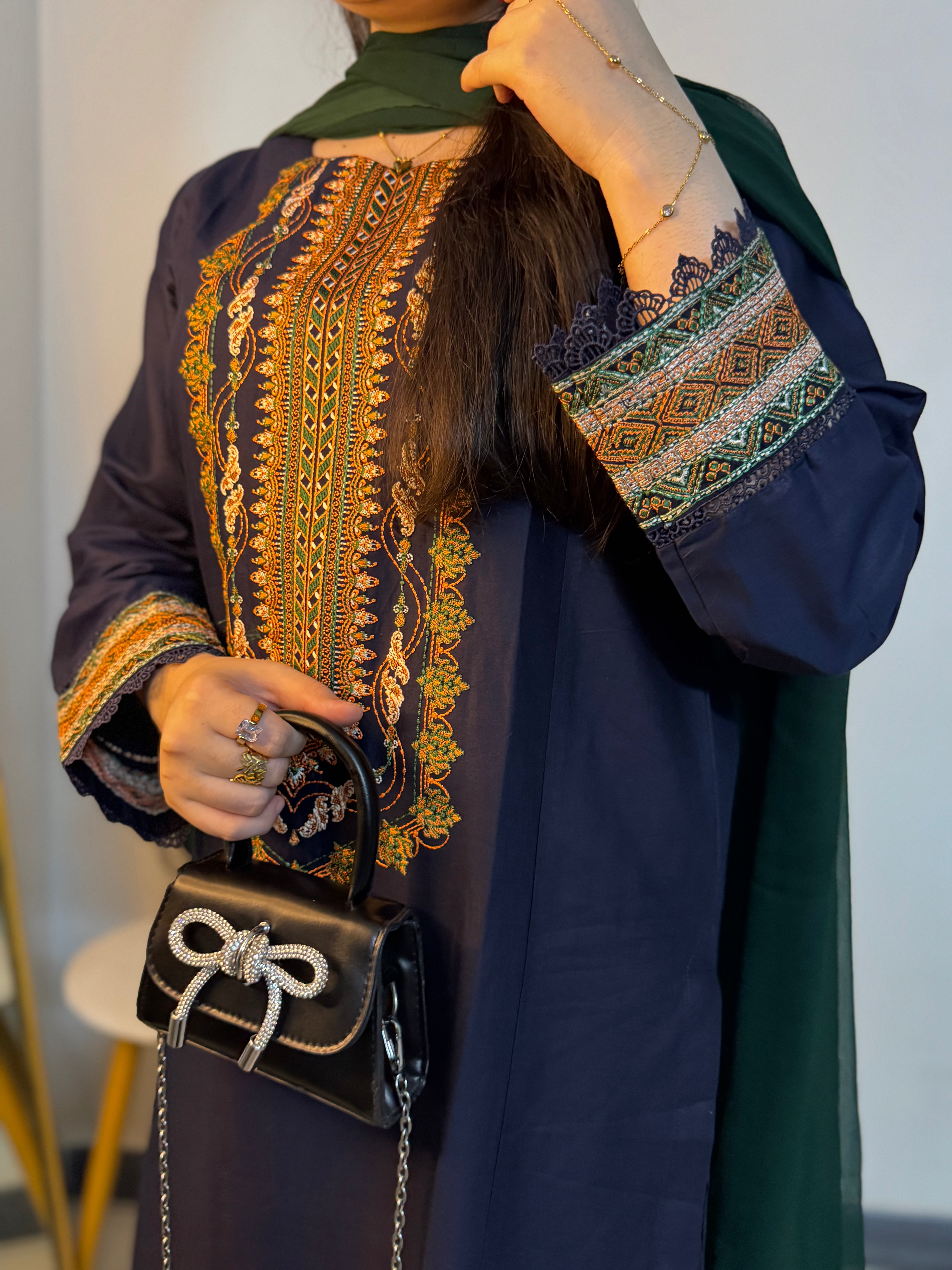 3 Piece -Royal Blue Embroidered Dress