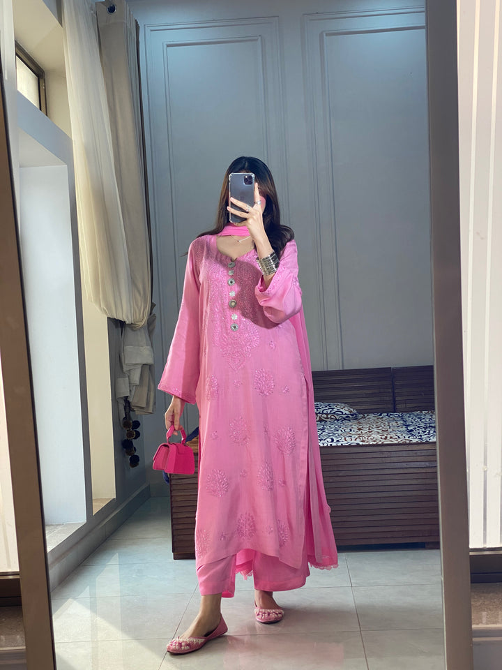 3 Piece - Pink Chikankari & Mukesh Dress