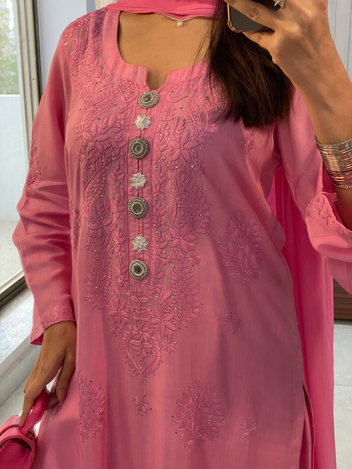 3 Piece - Pink Chikankari & Mukesh Dress