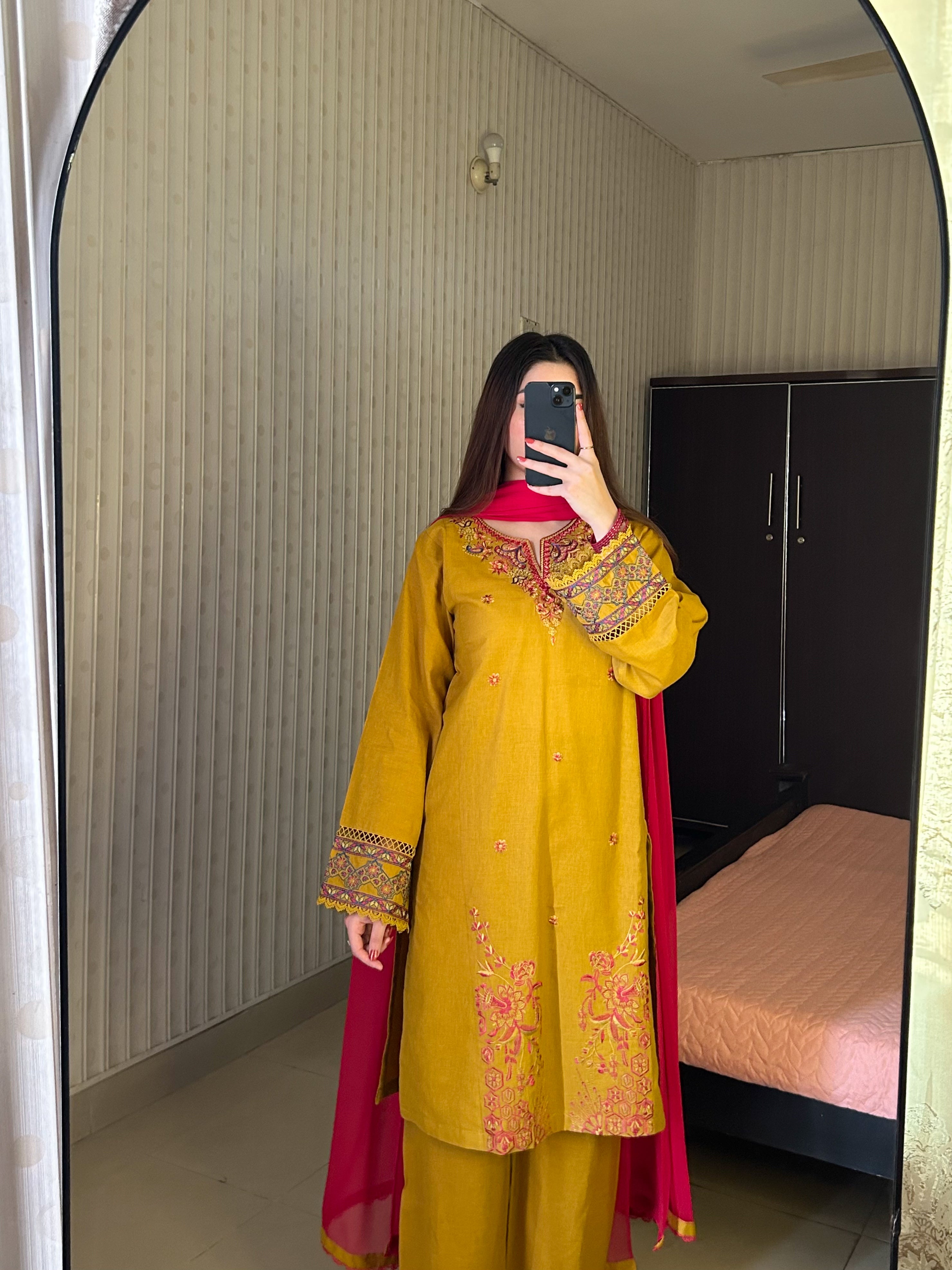 3 Piece - Mustard Embroidered Dress