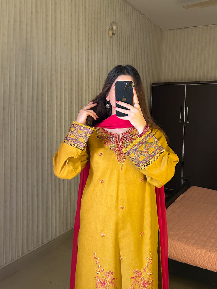 3 Piece - Mustard Embroidered Dress
