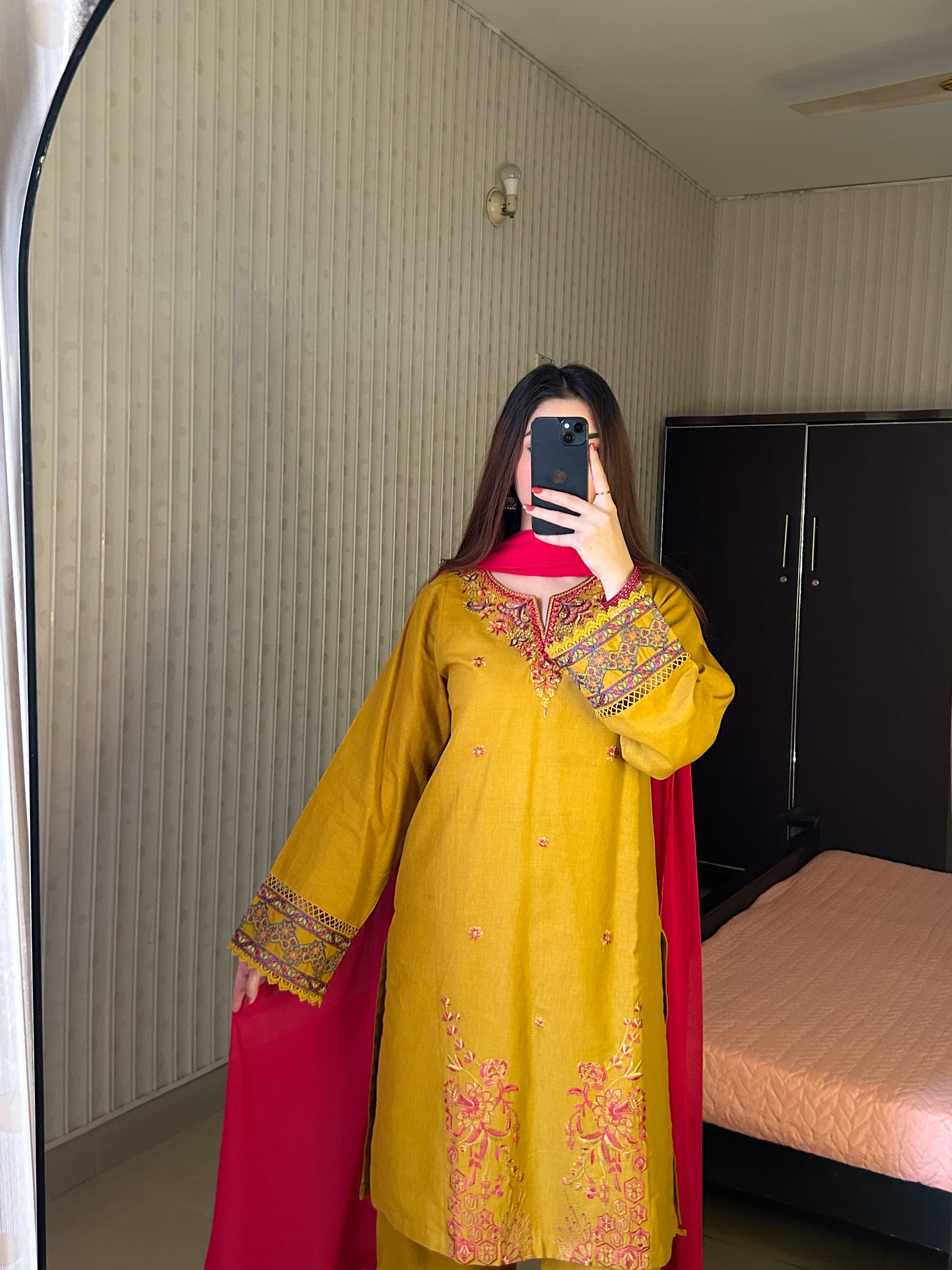 3 Piece - Mustard Embroidered Dress