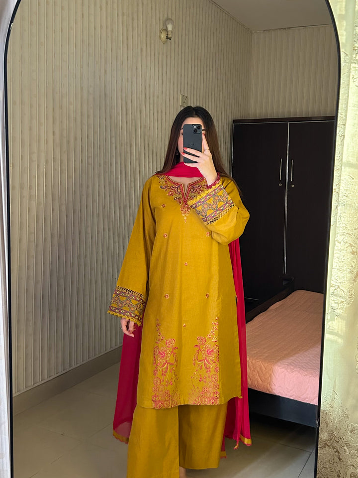 3 Piece - Mustard Embroidered Dress