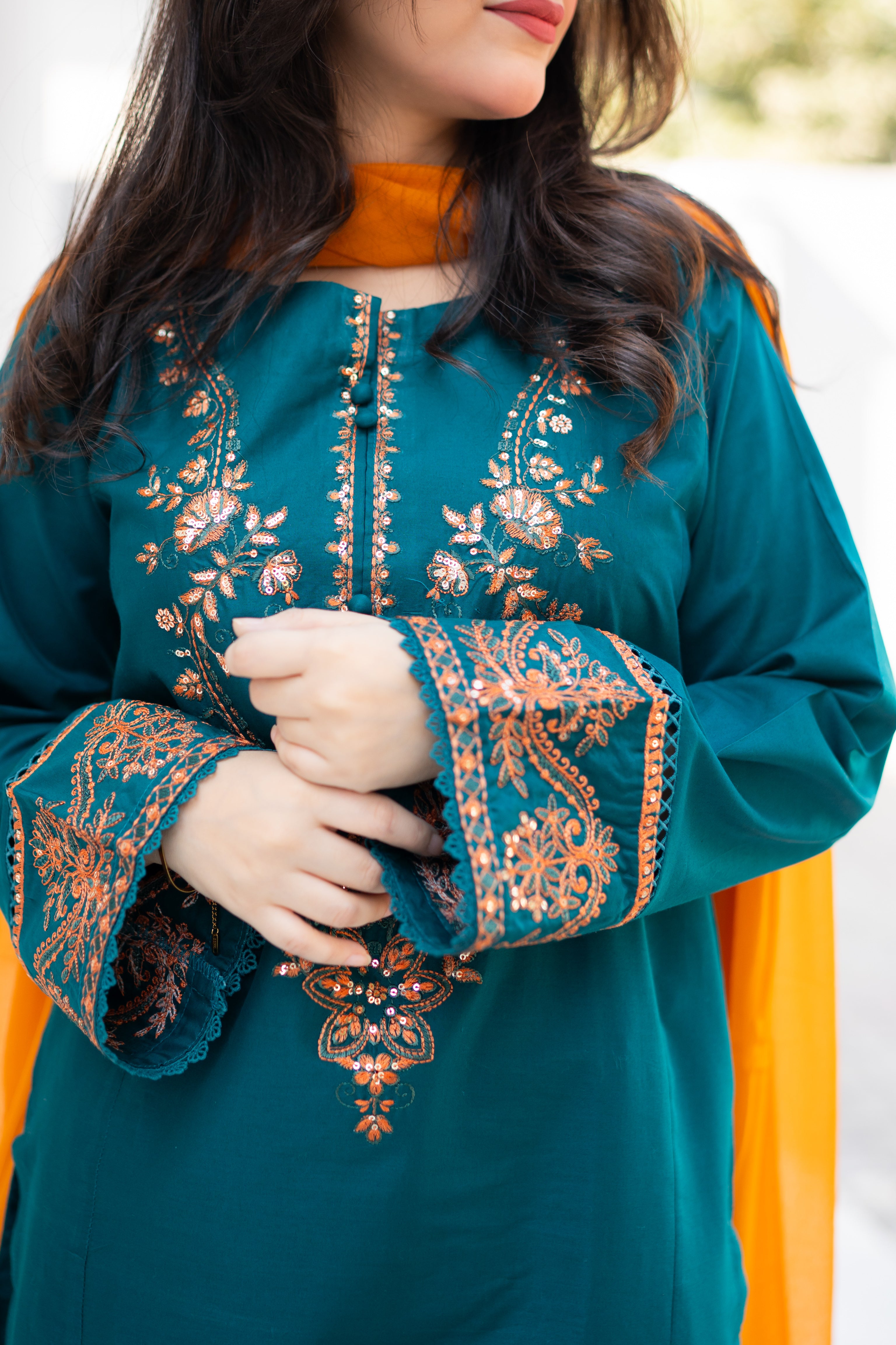 3 Piece - Teal Green Embroidered Dress