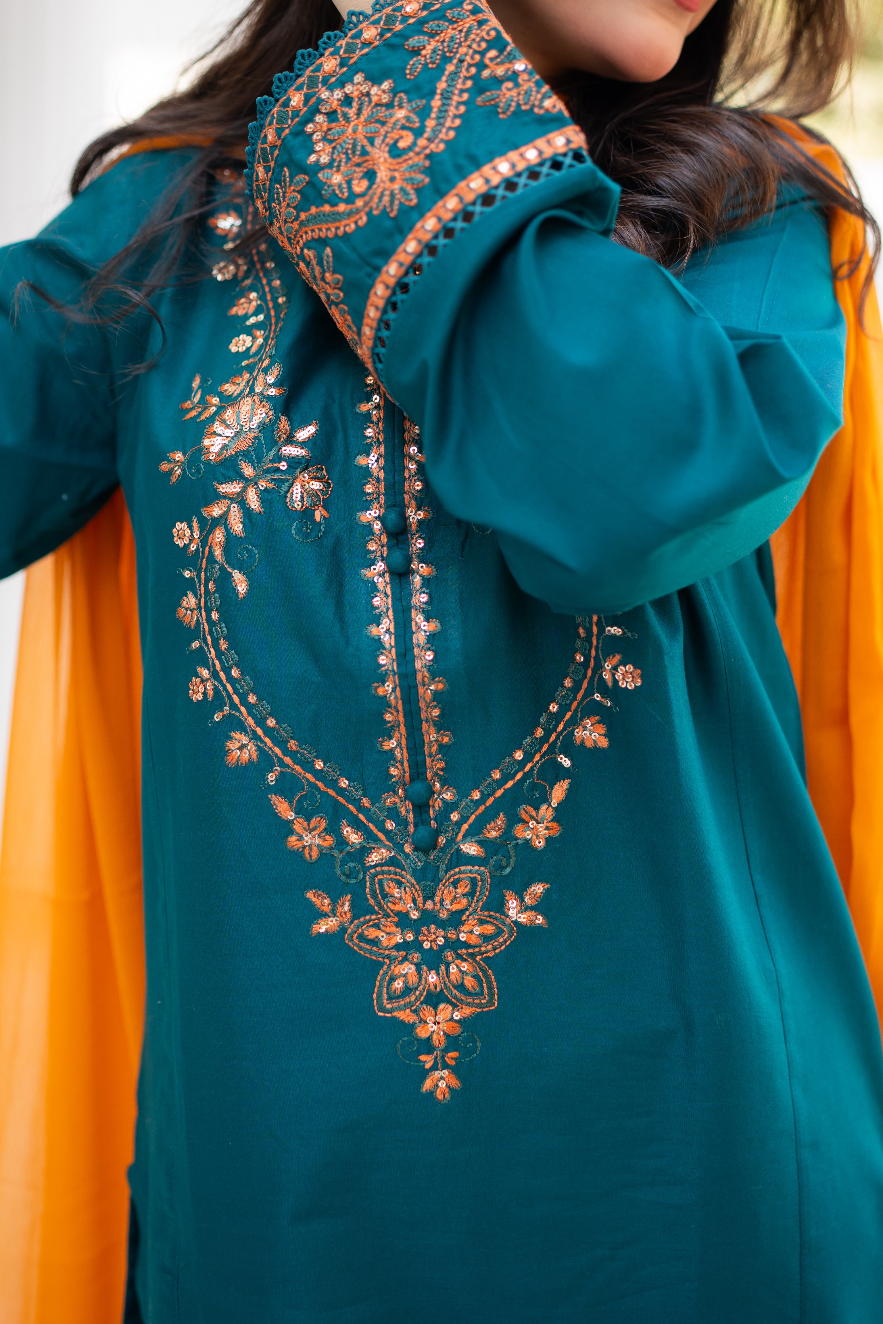 3 Piece - Teal Green Embroidered Dress