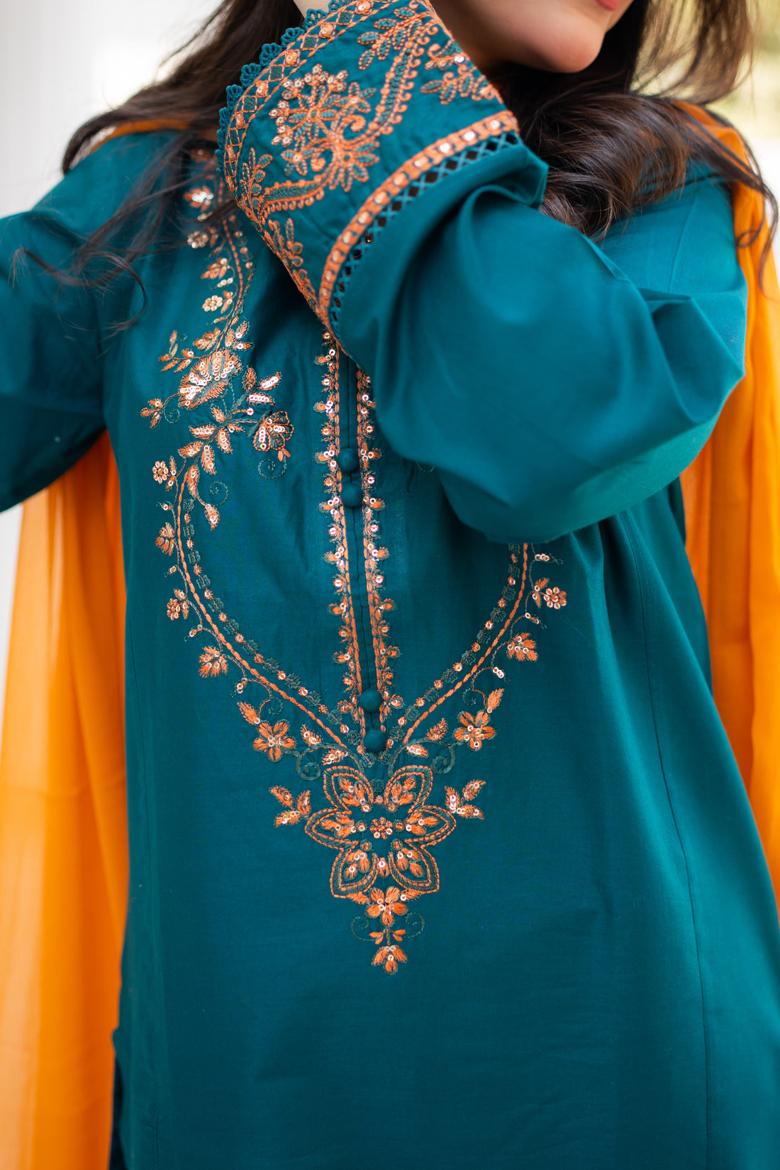 3 Piece - Teal Green Embroidered Dress