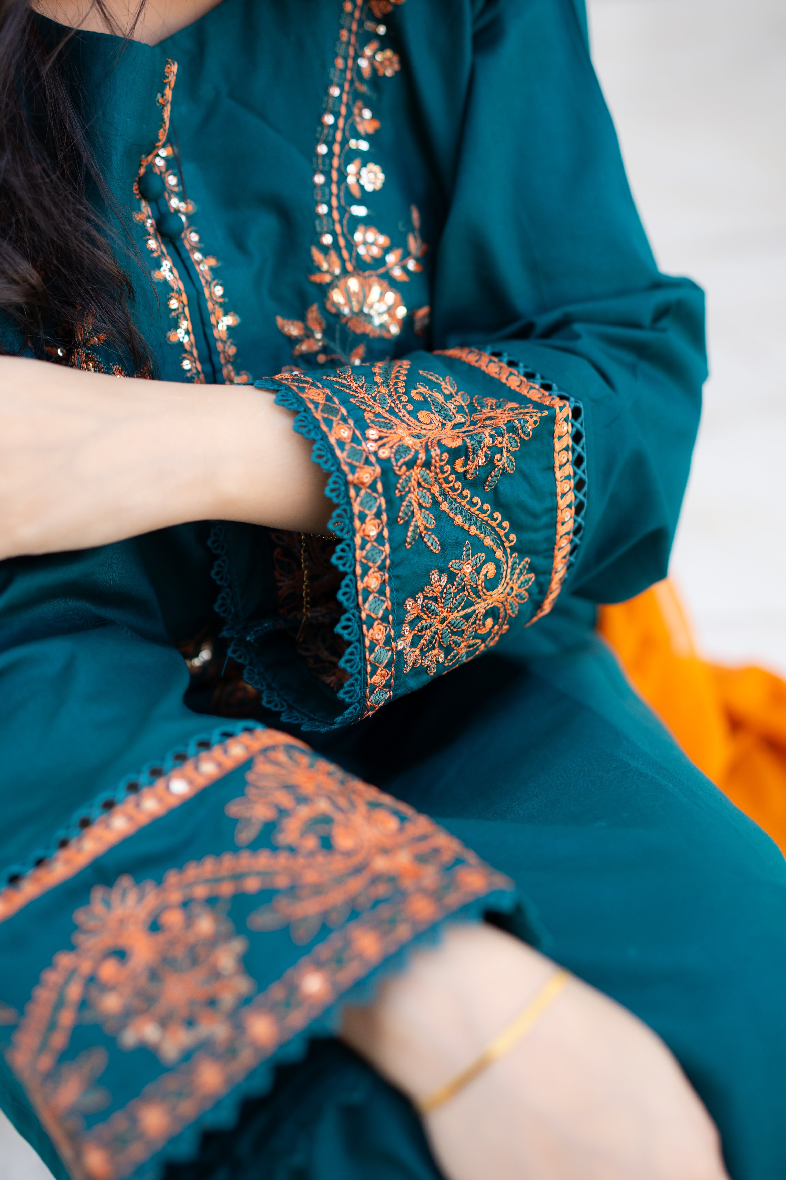 3 Piece - Teal Green Embroidered Dress