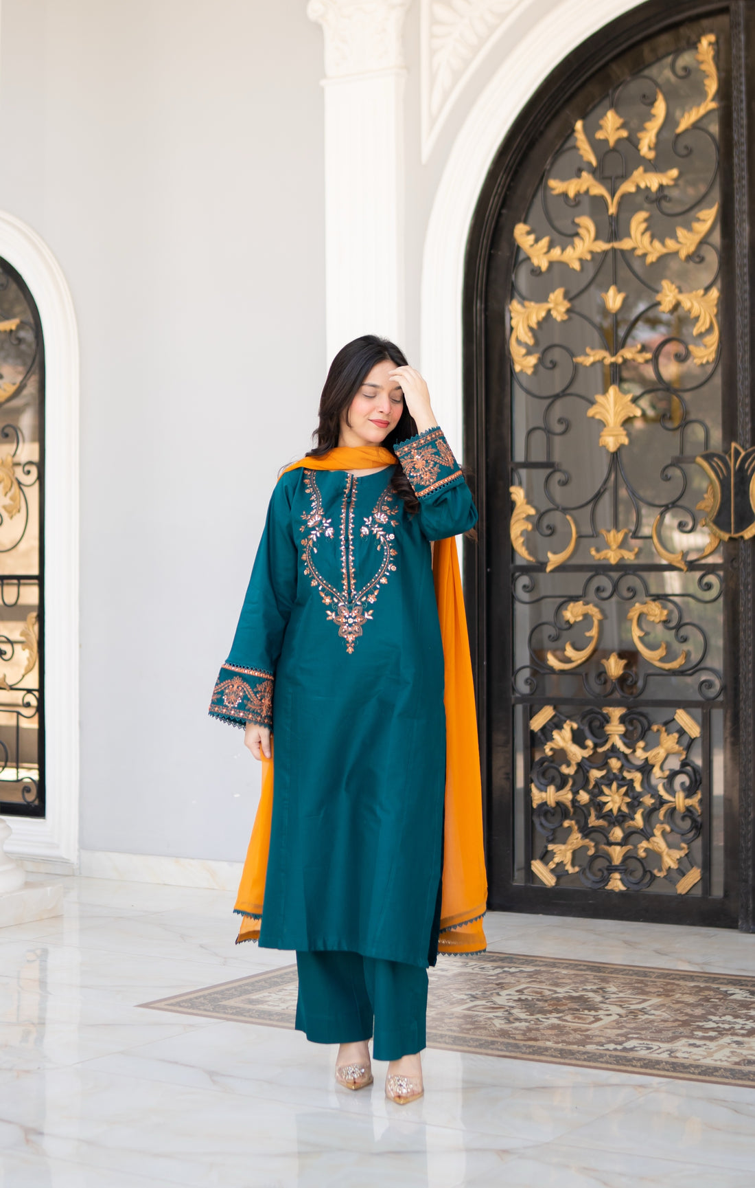 3 Piece - Teal Green Embroidered Dress