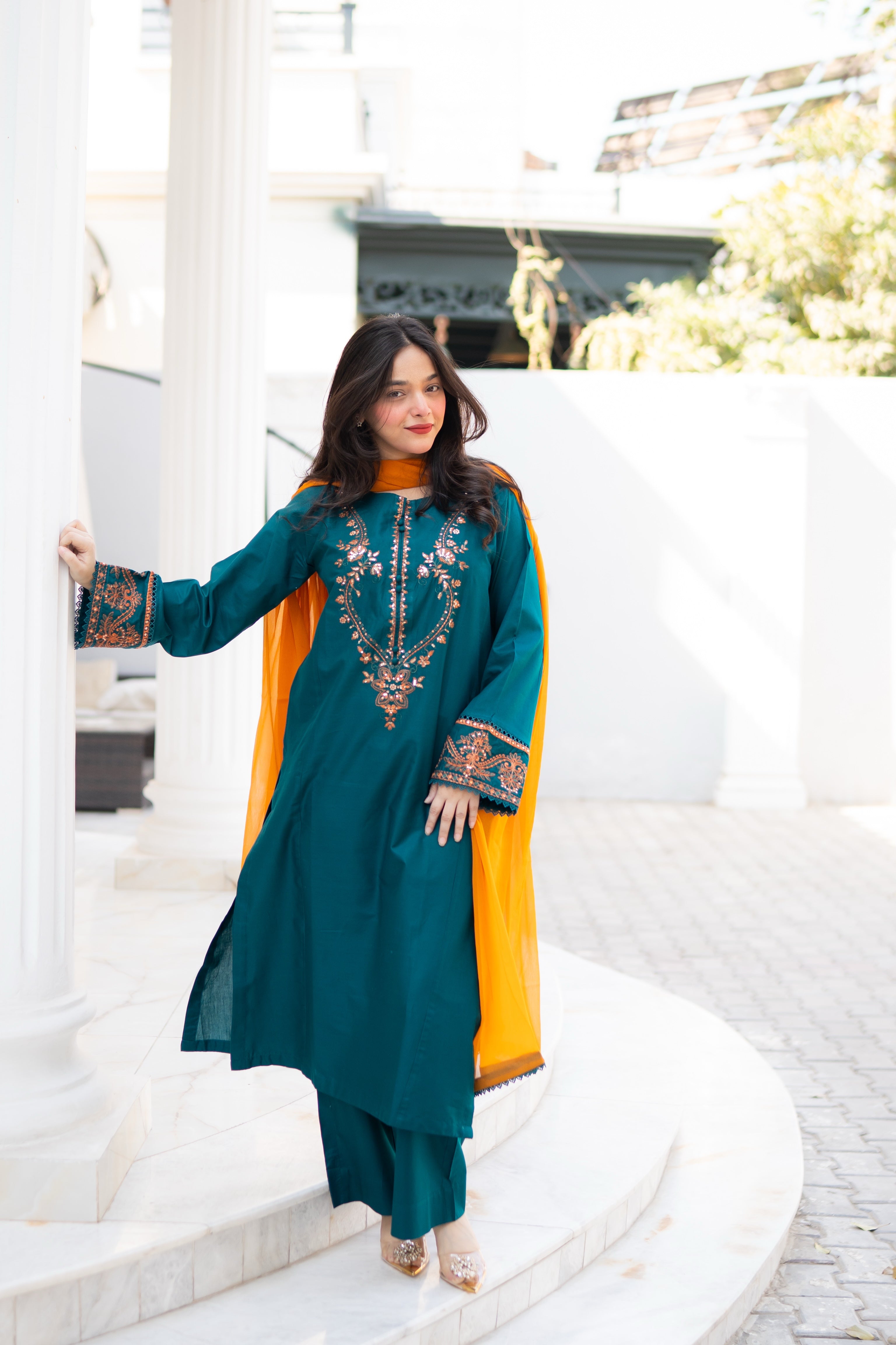 3 Piece - Teal Green Embroidered Dress