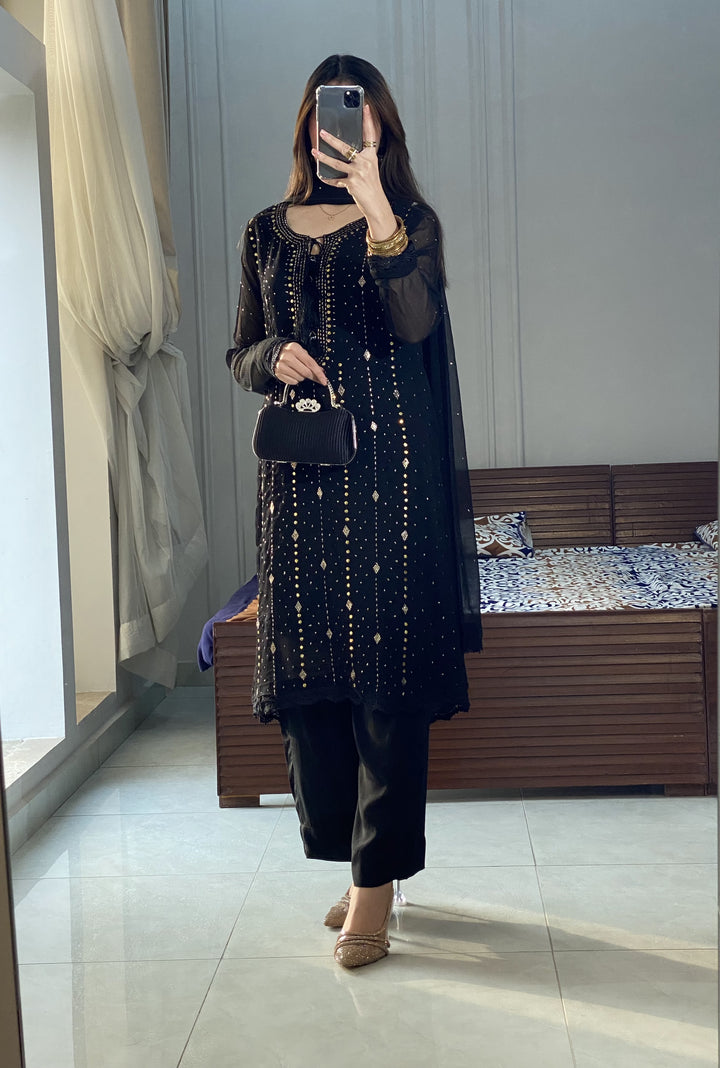 3 Piece - Black Handmade Muqesh Dress