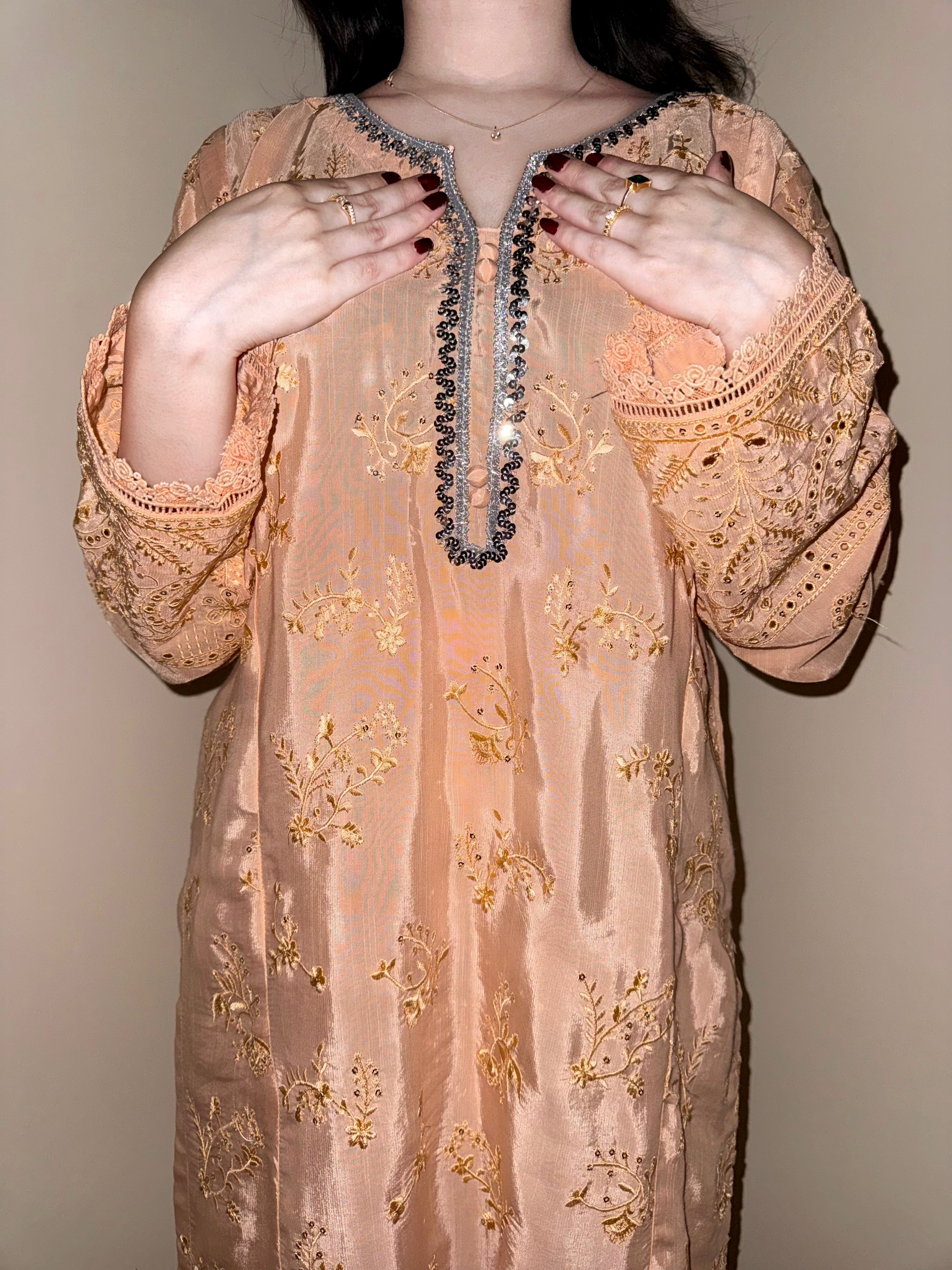 3 Piece - Sunset Peach Embroidered Dress