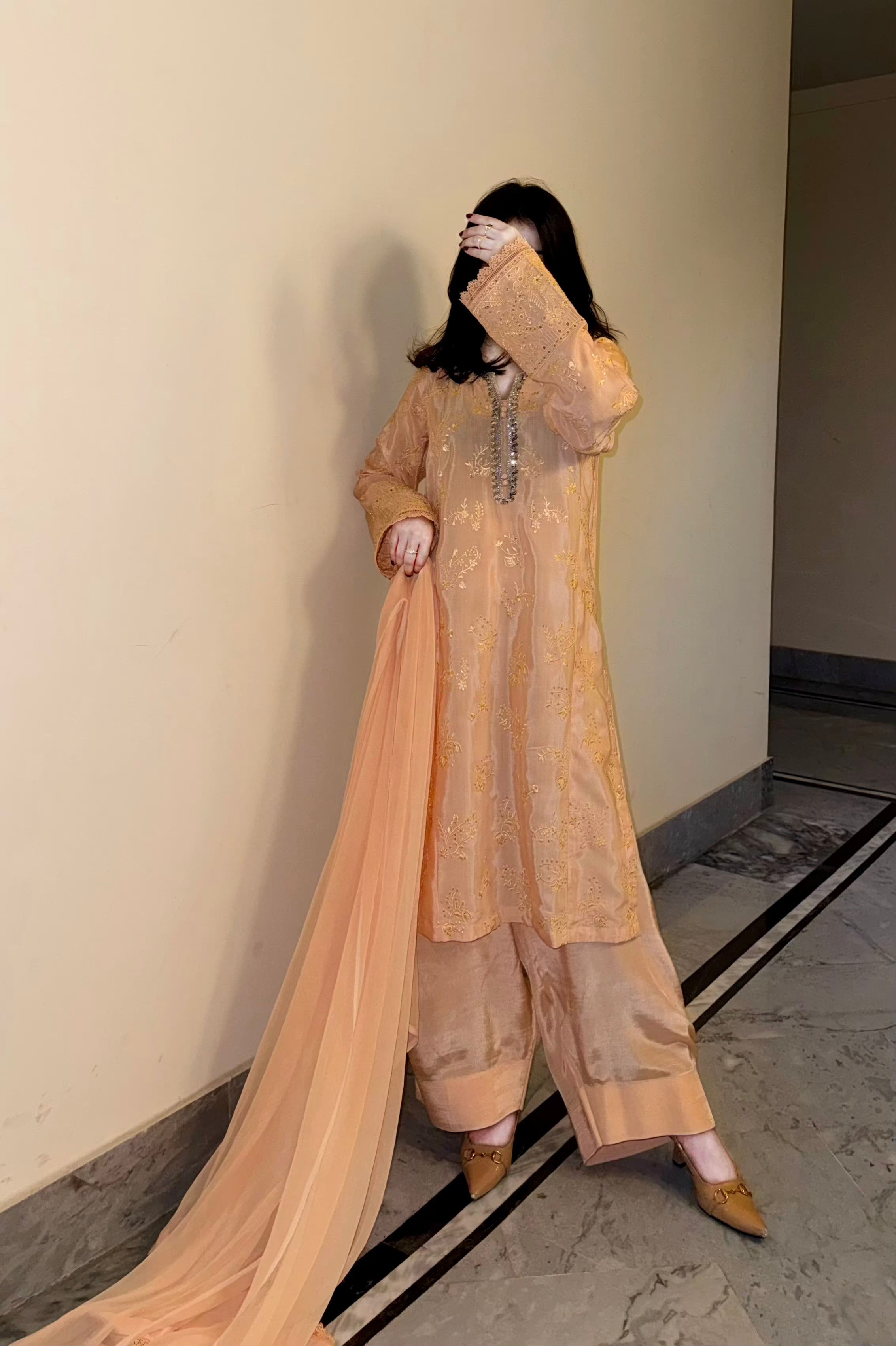 3 Piece - Sunset Peach Embroidered Dress