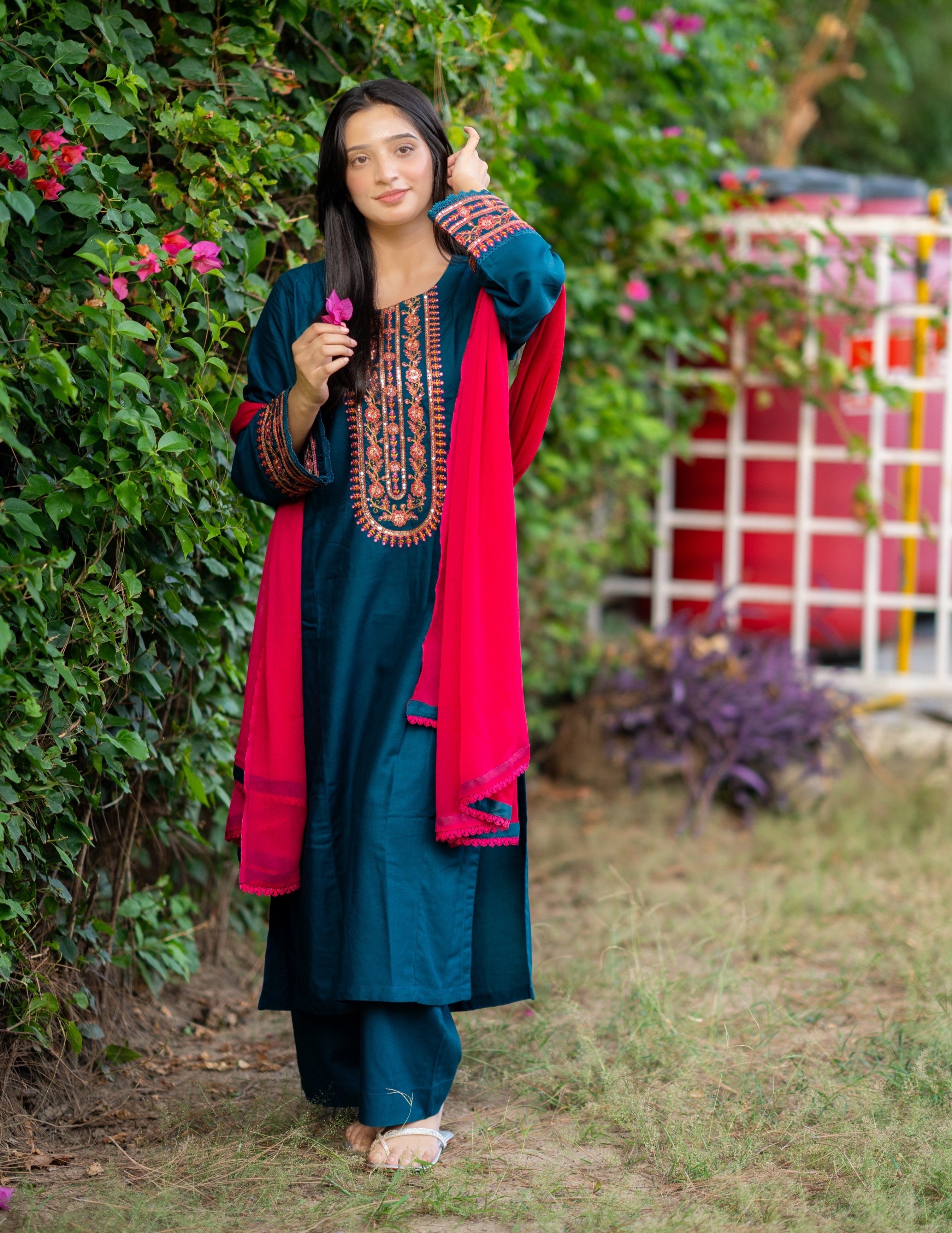 3 Piece - Zinc Blue Embroidered Dress