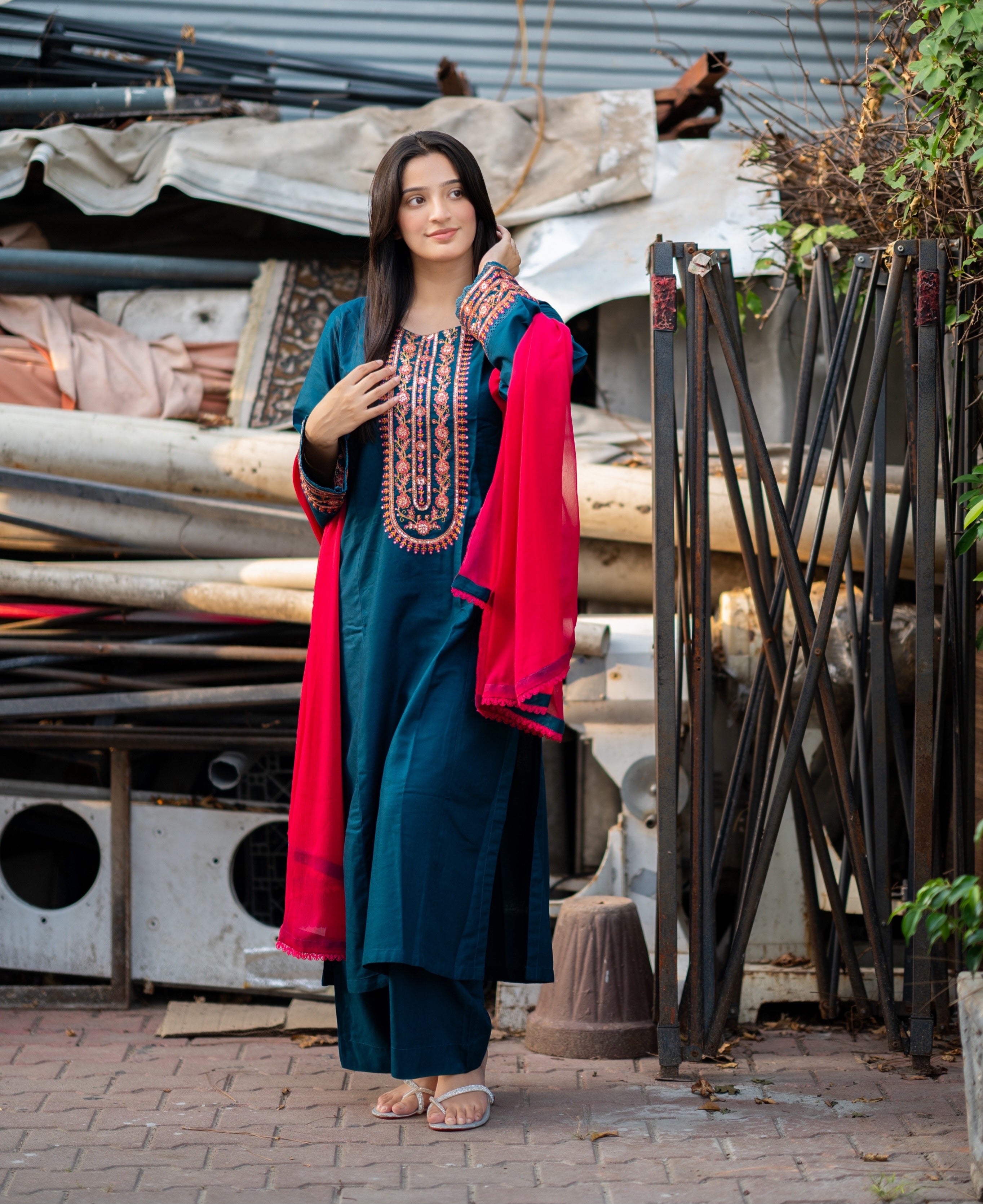 3 Piece - Zinc Blue Embroidered Dress