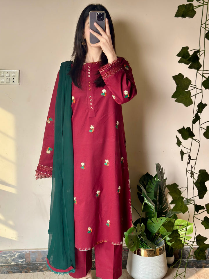 3 Piece - Maroon Embroidered Dress