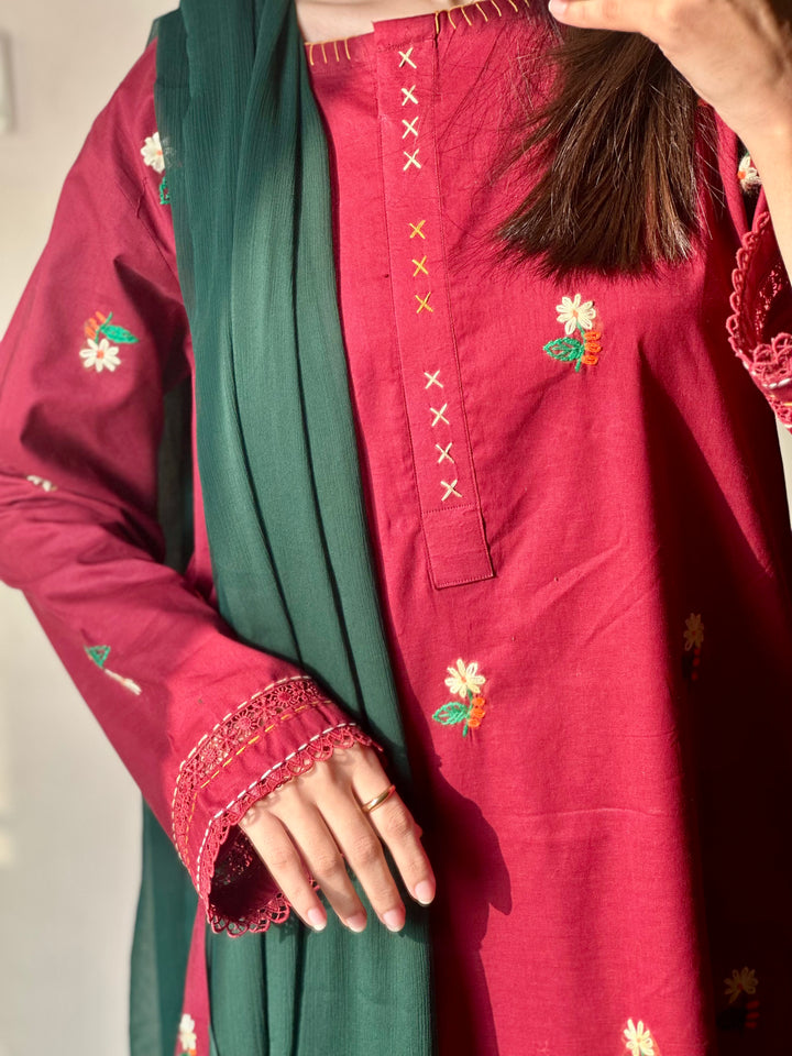 3 Piece - Maroon Embroidered Dress
