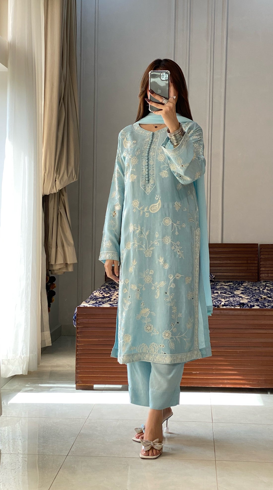 3 Piece - Ice Blue Embroidered Dress