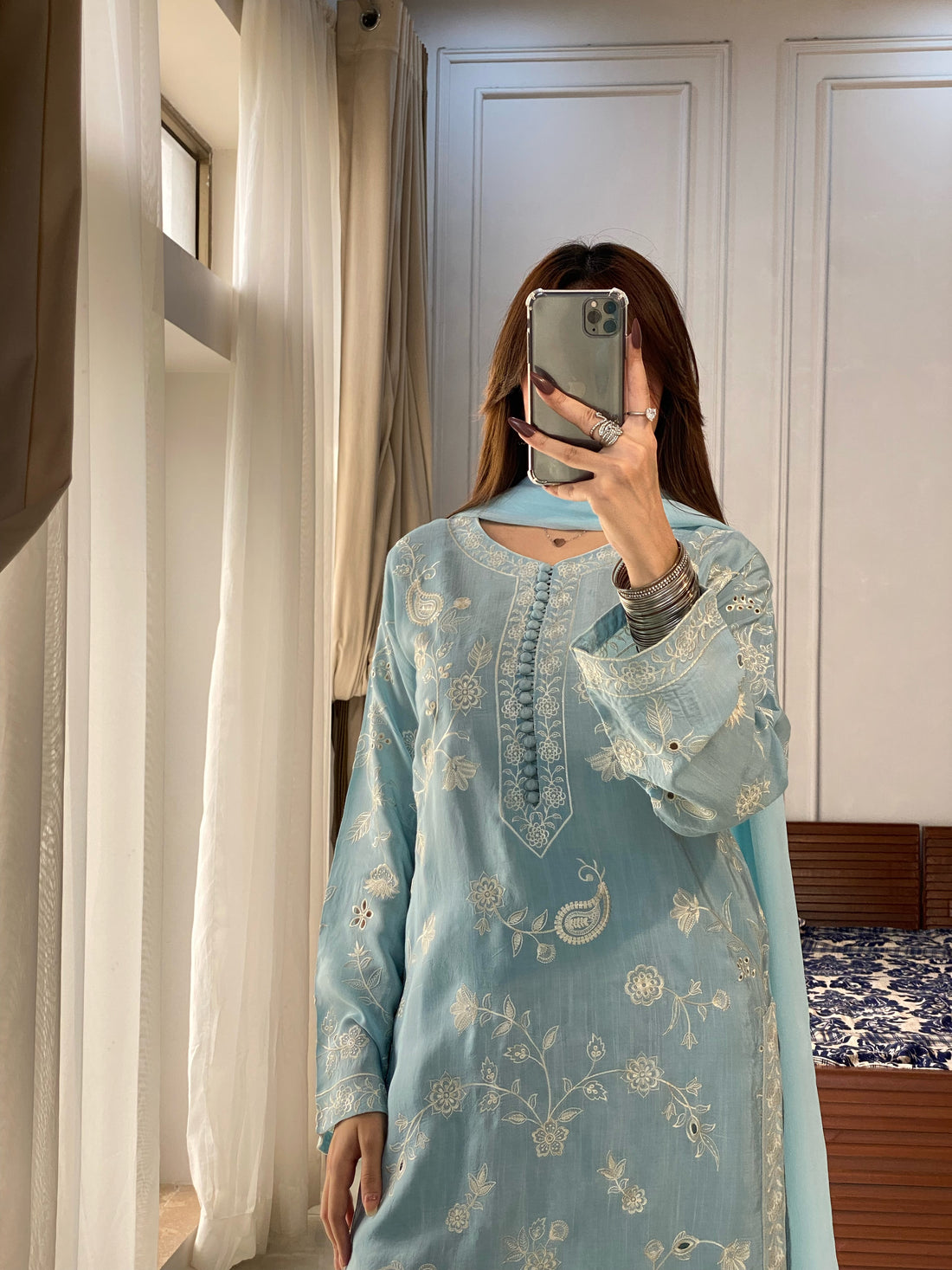 3 Piece - Ice Blue Embroidered Dress