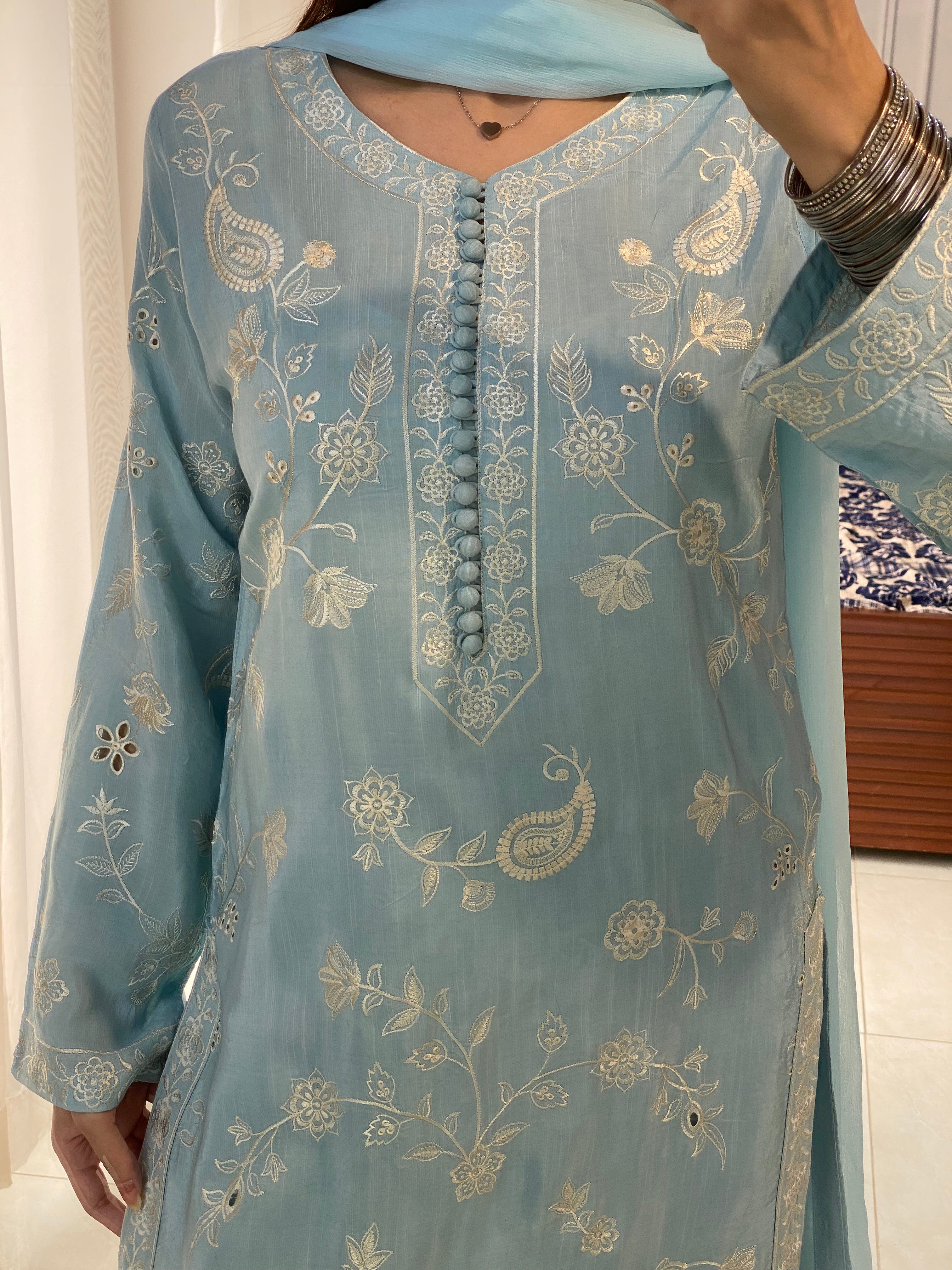 3 Piece - Ice Blue Embroidered Dress