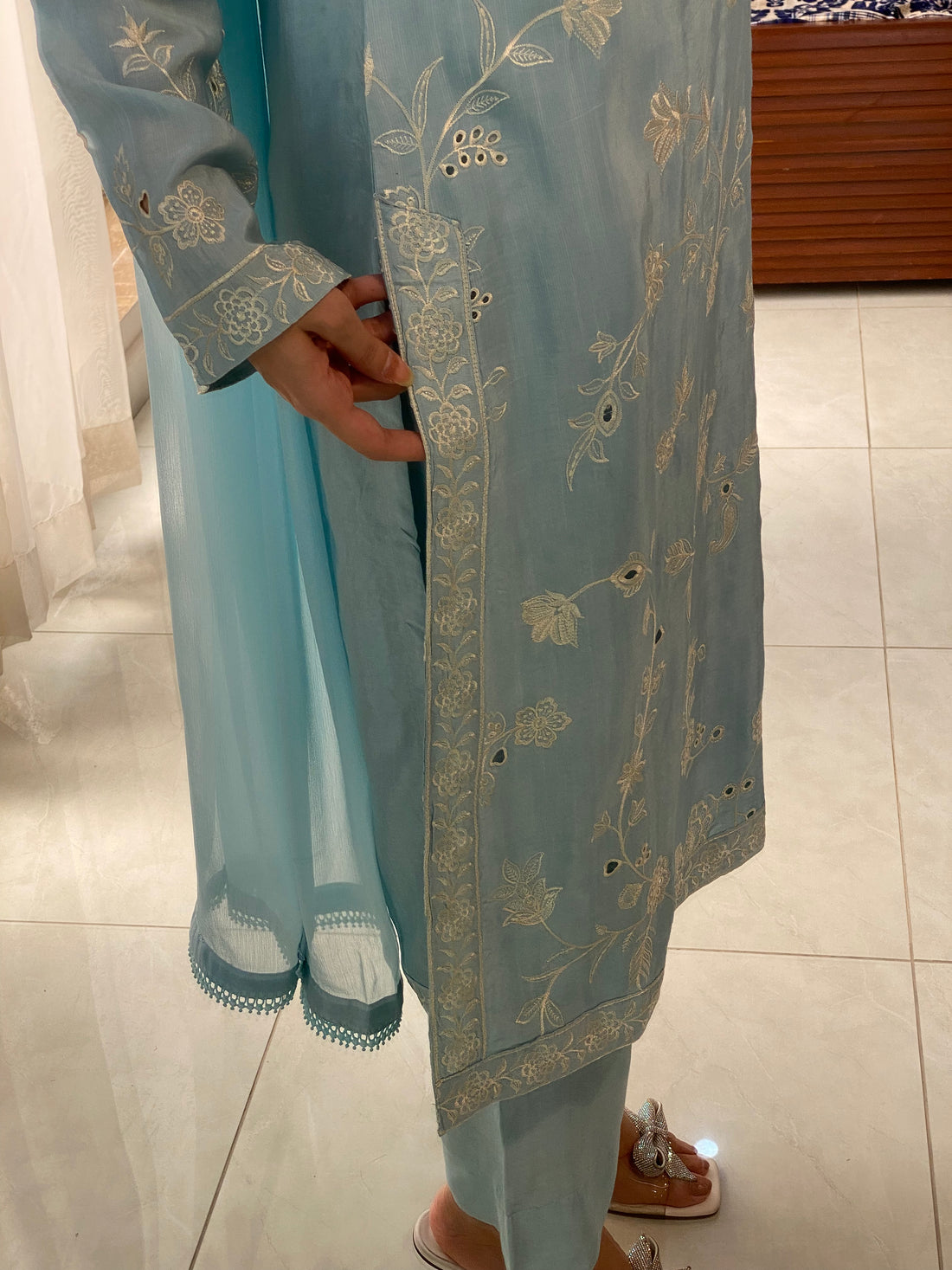 3 Piece - Ice Blue Embroidered Dress