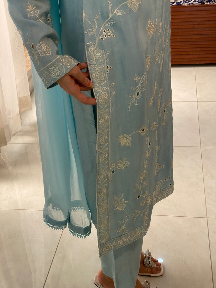 3 Piece - Ice Blue Embroidered Dress