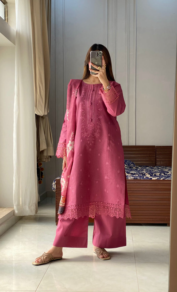 3 Piece -Tea Pink Embroidered Dress