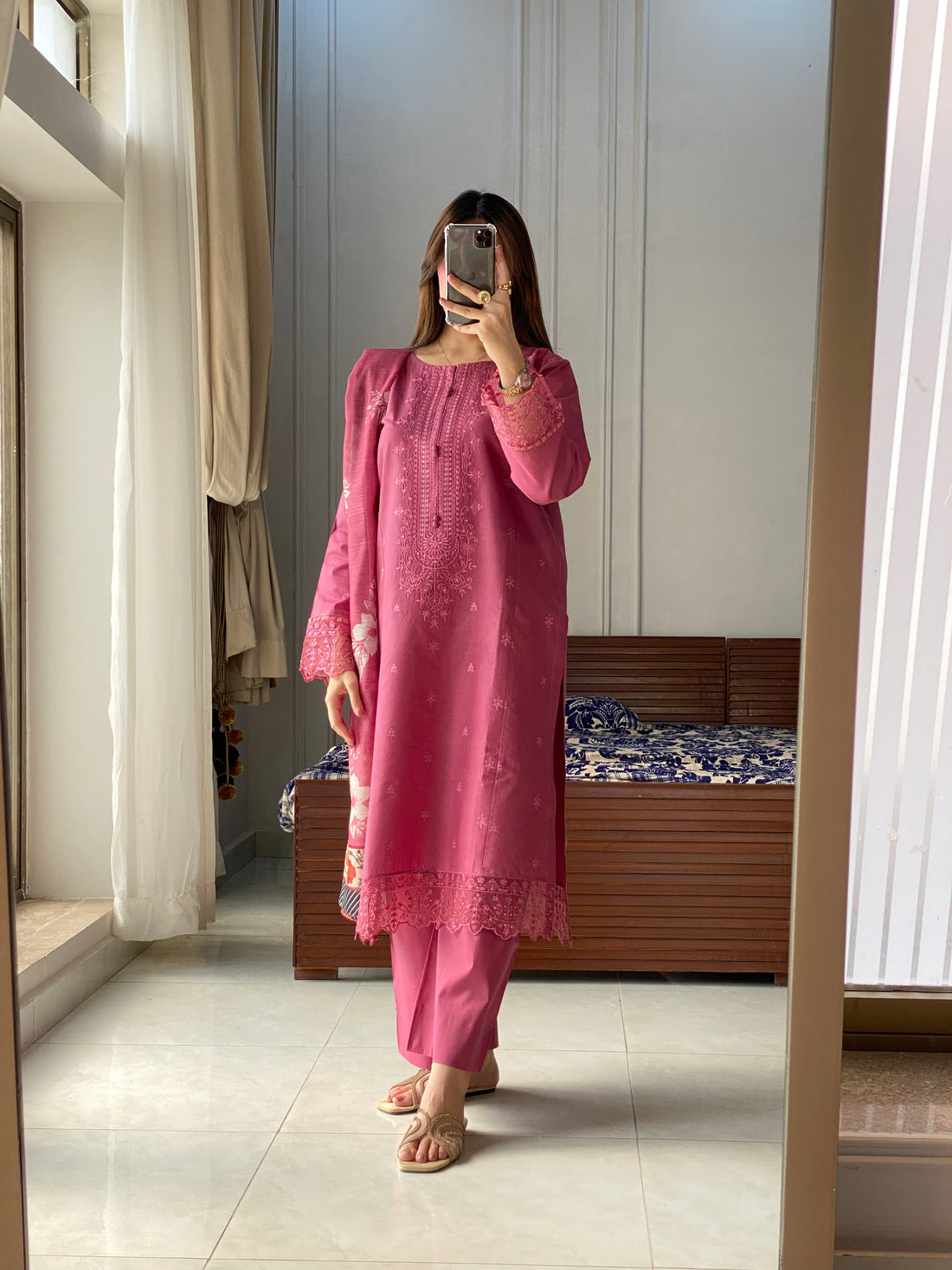 3 Piece -Tea Pink Embroidered Dress