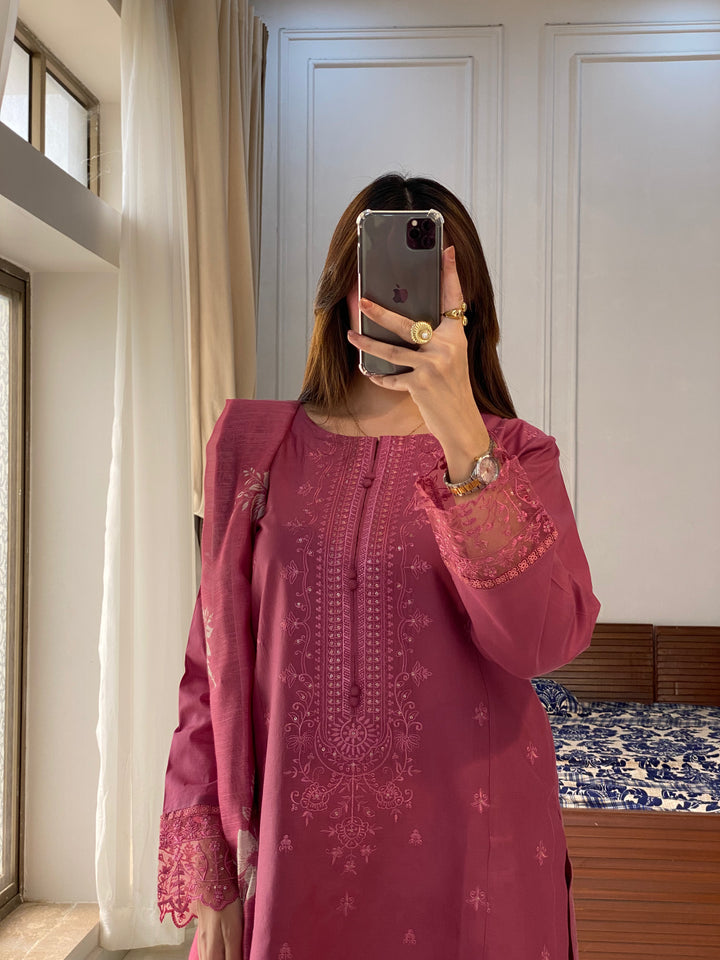 3 Piece -Tea Pink Embroidered Dress