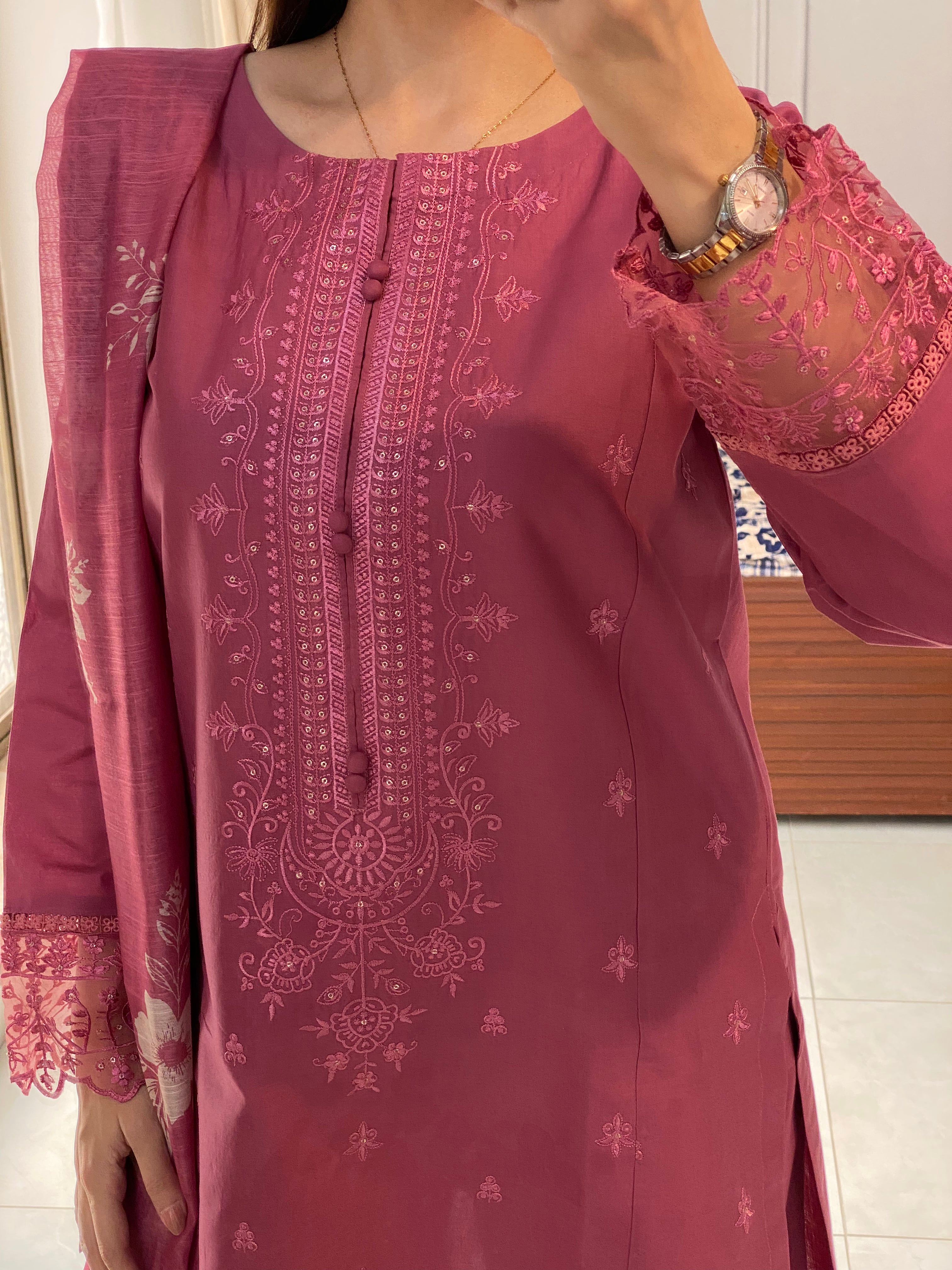 3 Piece -Tea Pink Embroidered Dress