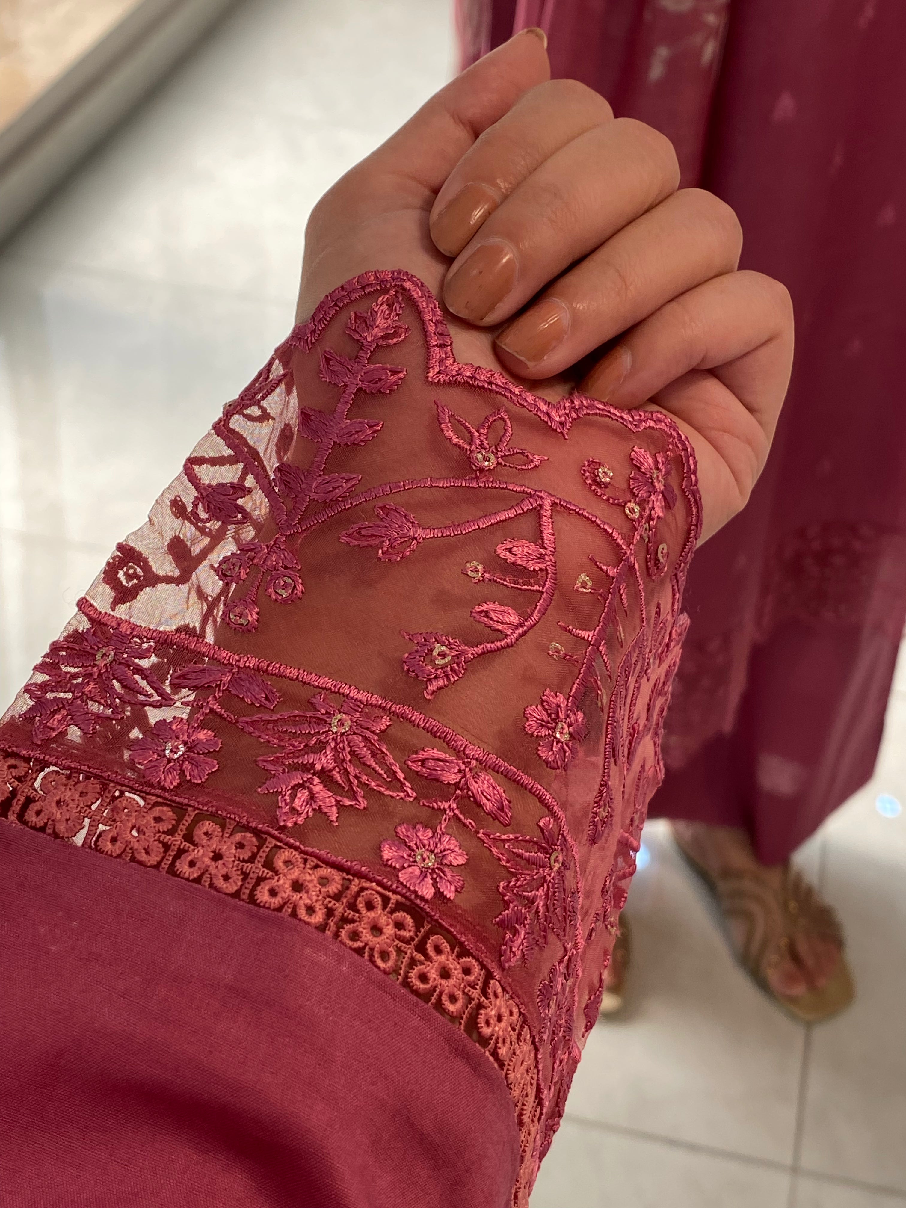 3 Piece -Tea Pink Embroidered Dress