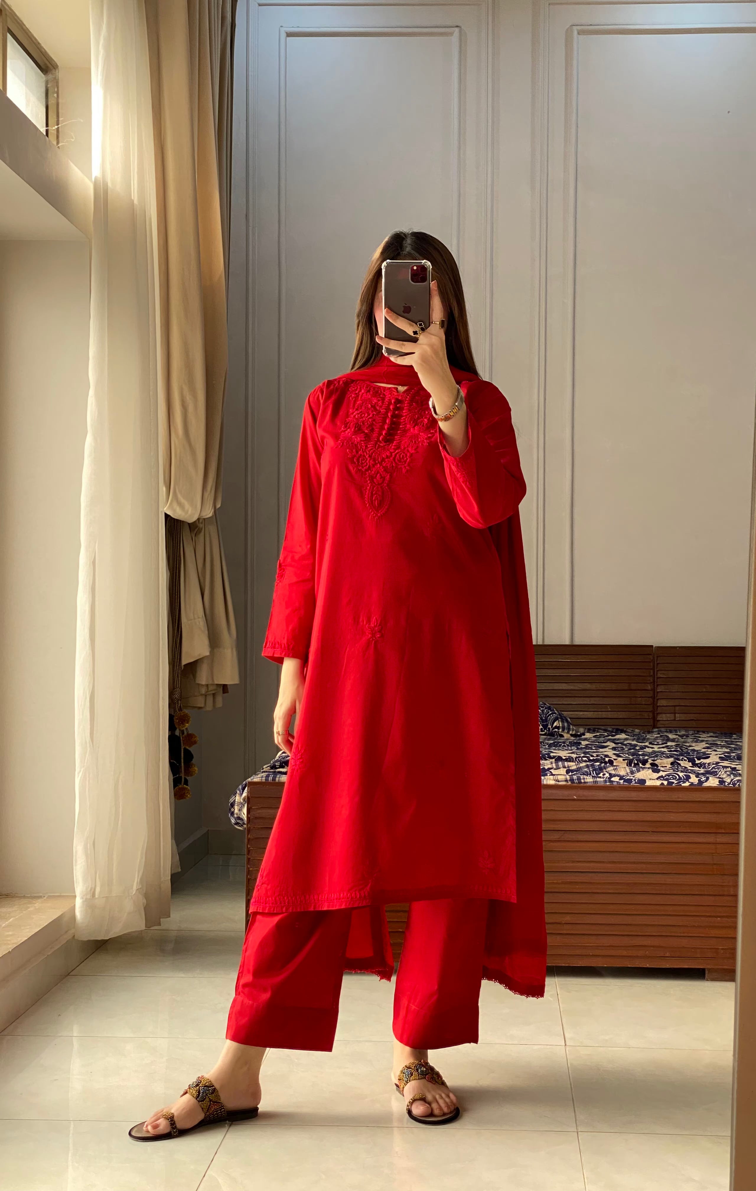 3 Piece -Rose Red Embroidered Dress