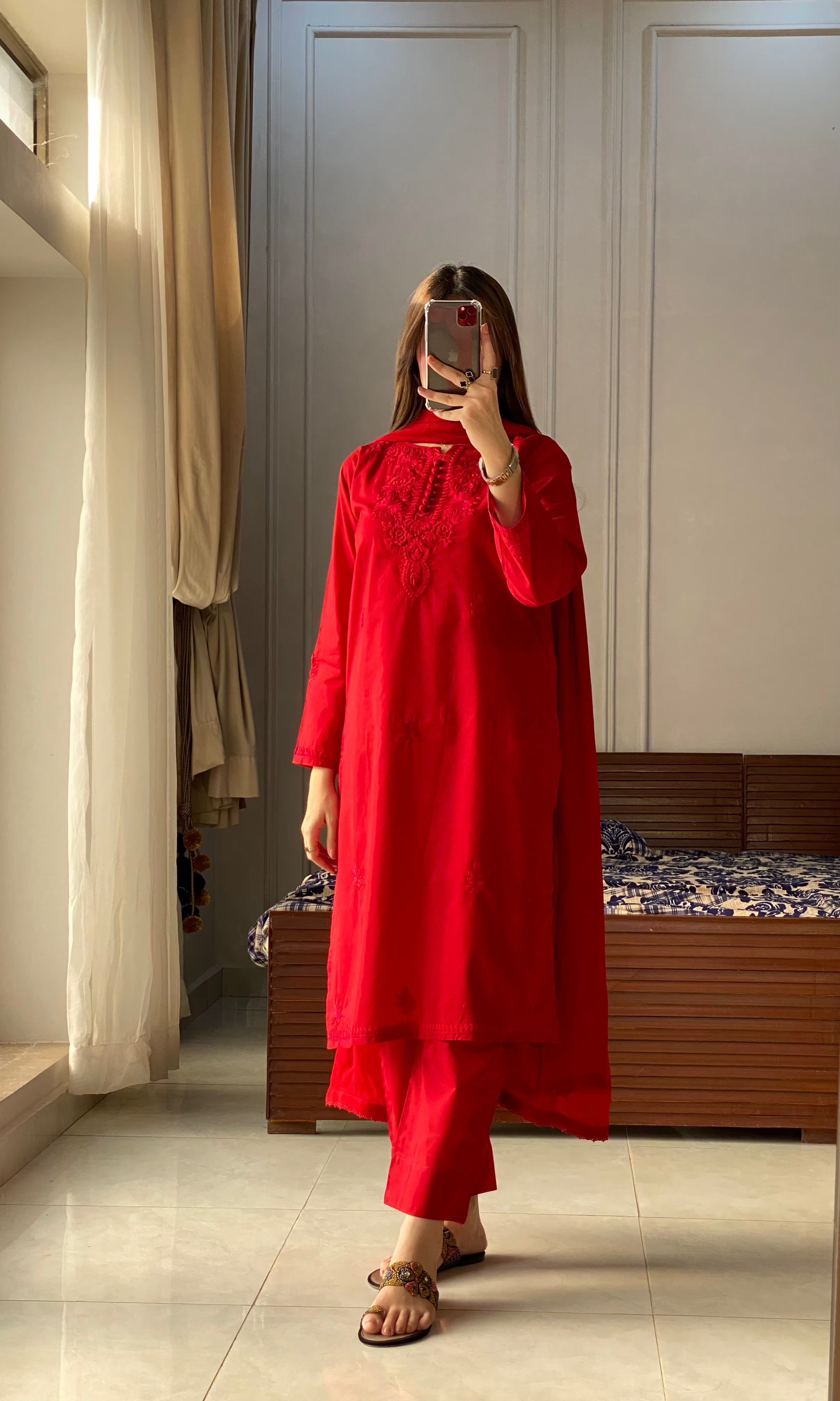 3 Piece -Rose Red Embroidered Dress