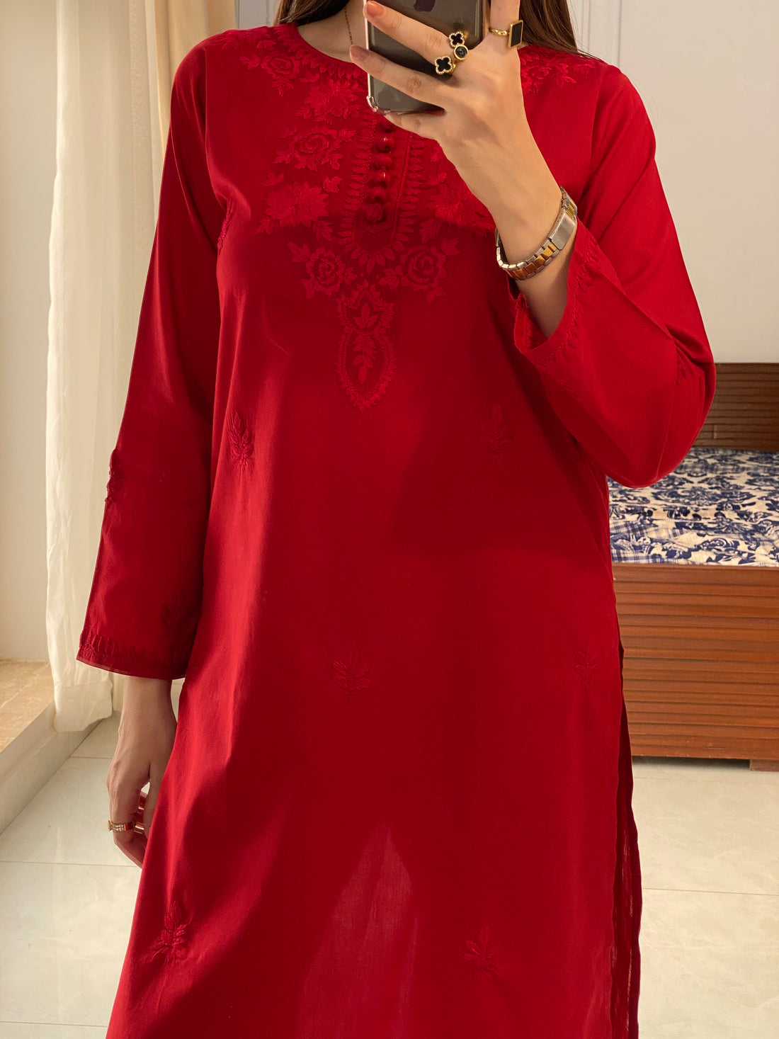 3 Piece -Rose Red Embroidered Dress