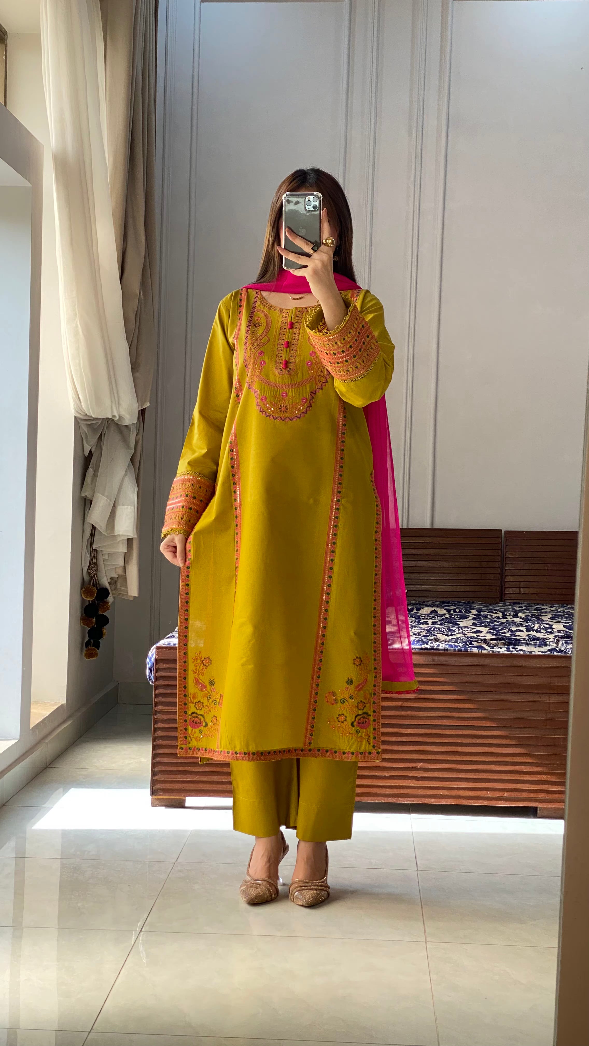 3 Piece - Mustard Yellow Embroidered Dress
