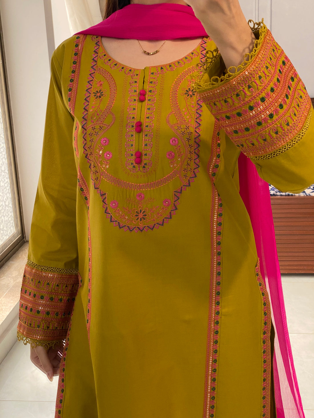 3 Piece - Mustard Yellow Embroidered Dress