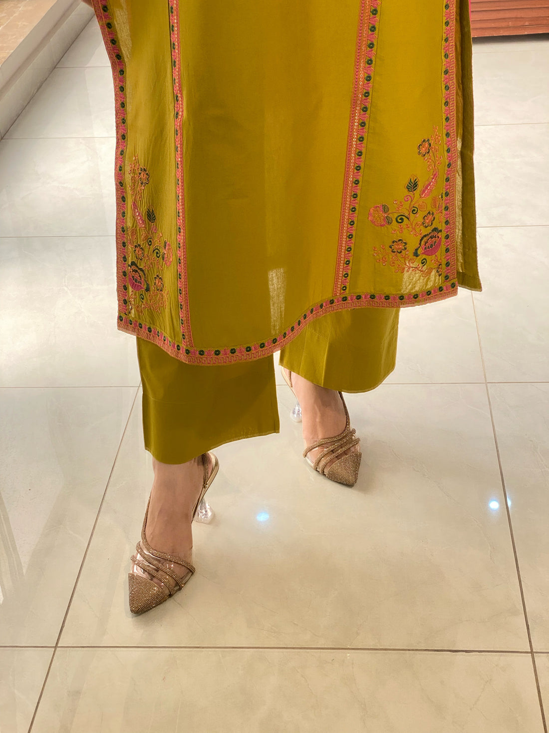 3 Piece - Mustard Yellow Embroidered Dress
