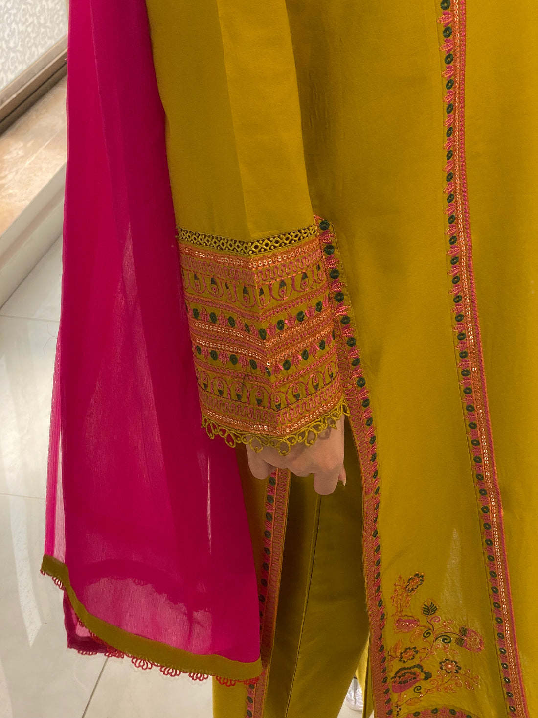 3 Piece - Mustard Yellow Embroidered Dress