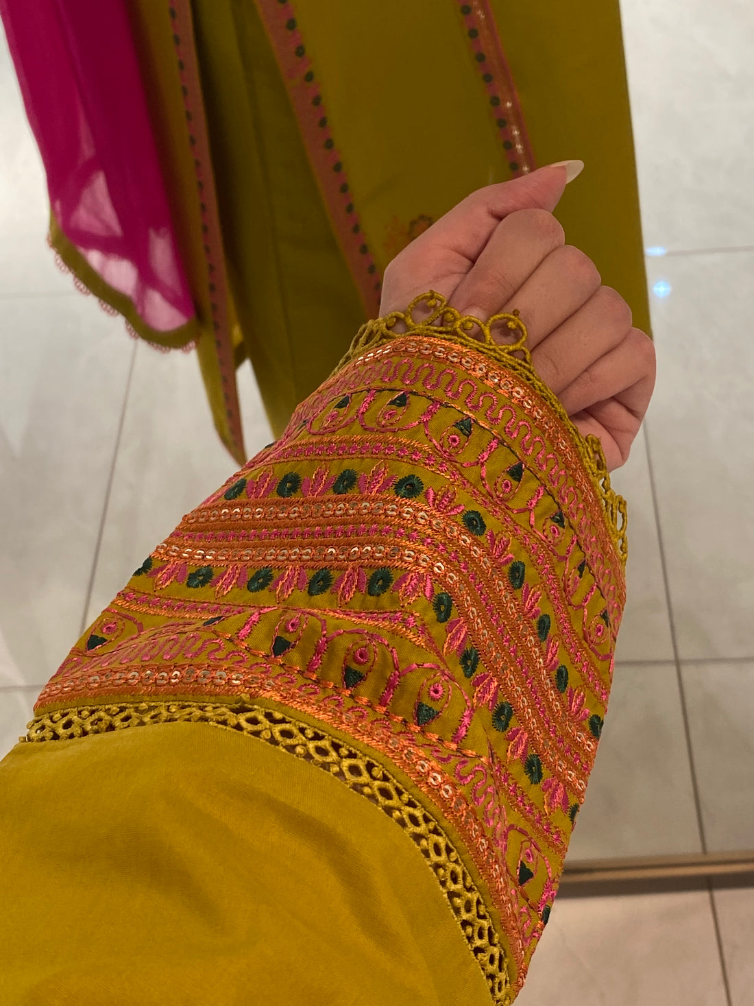 3 Piece - Mustard Yellow Embroidered Dress