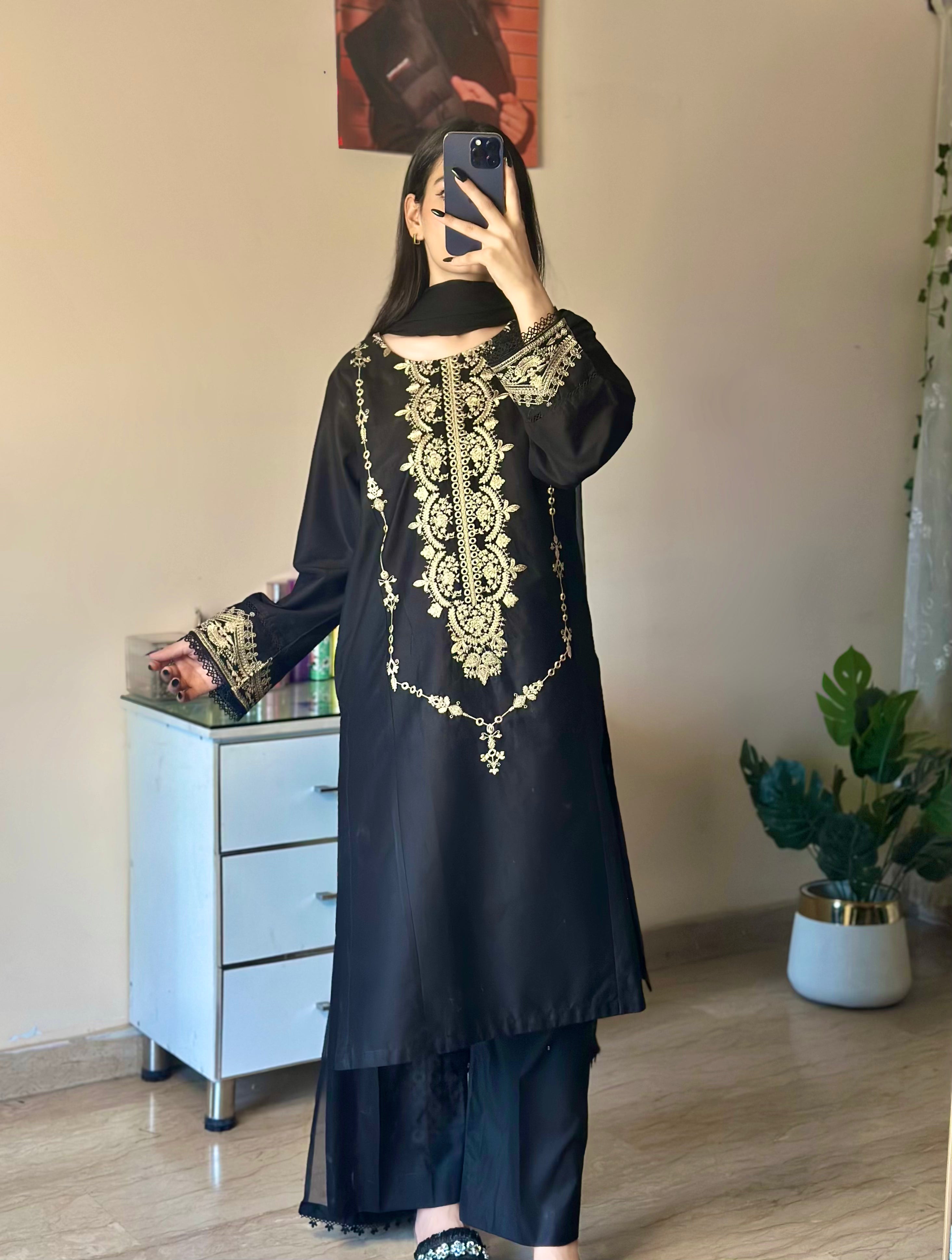 3 Piece - Black Embroidered Dress
