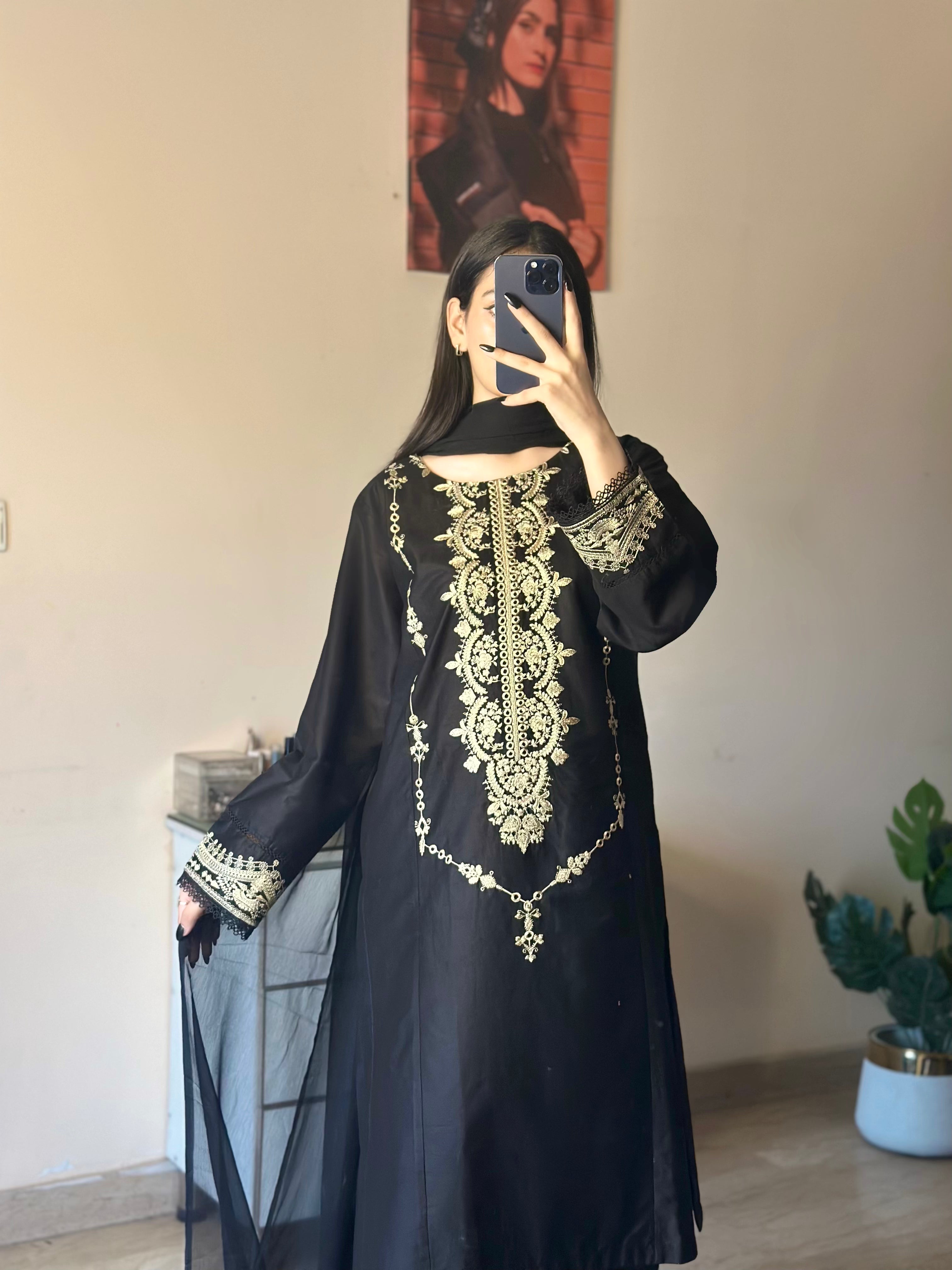 3 Piece - Black Embroidered Dress