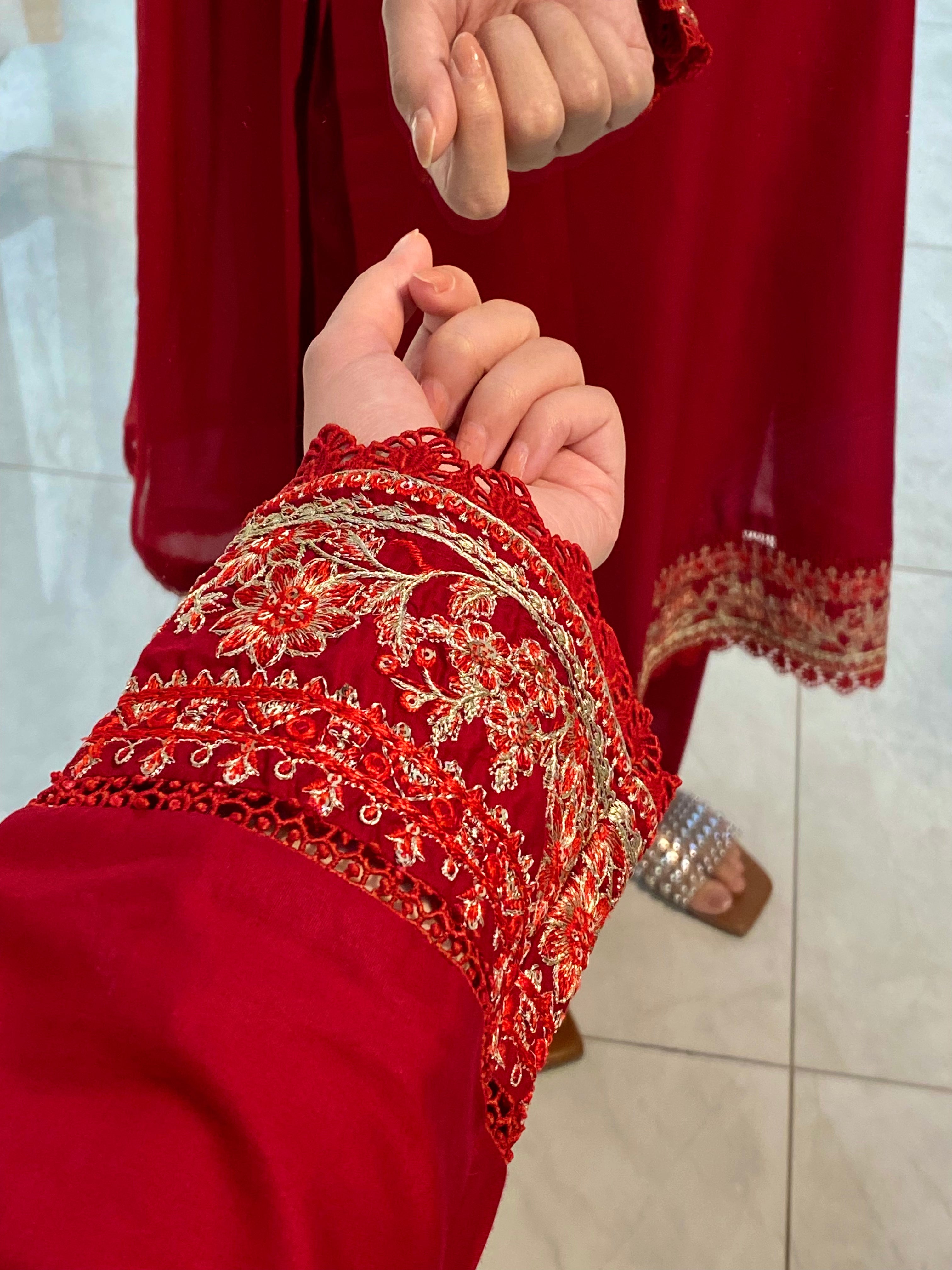 3 Piece - Red Embroidered Dress