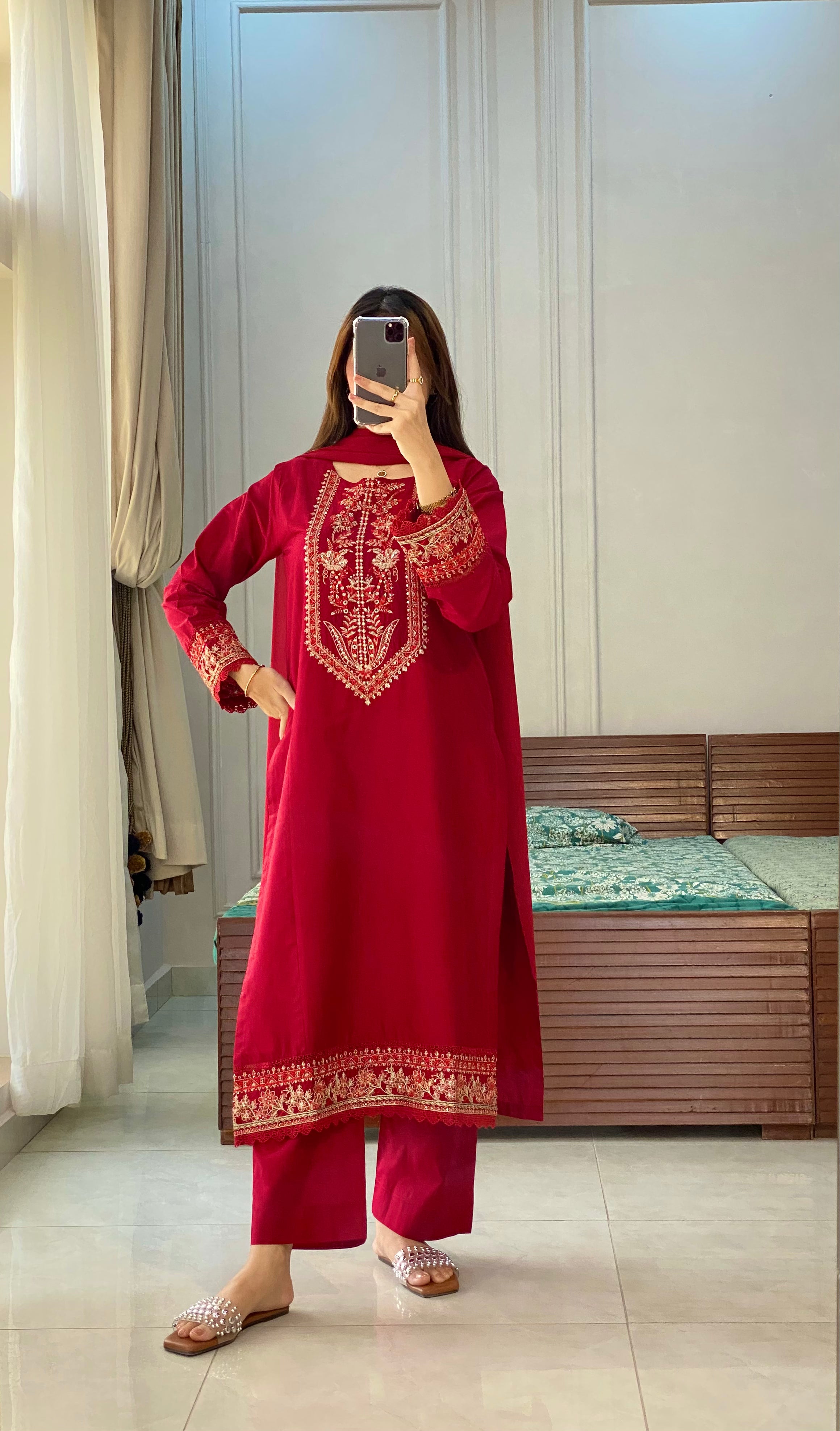 3 Piece - Red Embroidered Dress