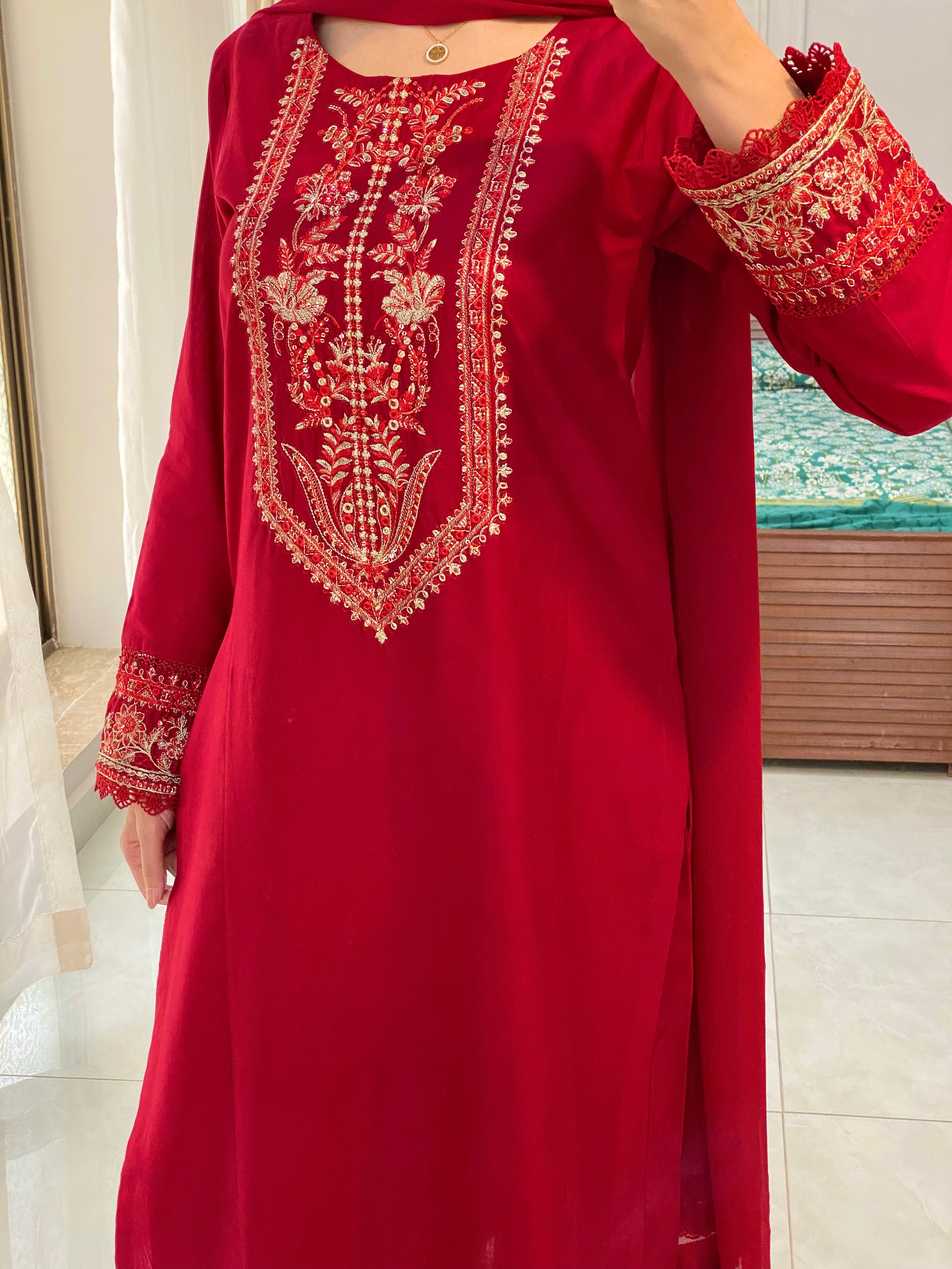 3 Piece - Red Embroidered Dress